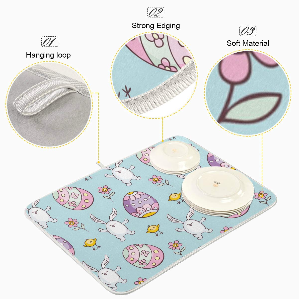 Easter Egg Dish Drying Mat - Rabbit Design Microfiber Kitchen Mat, Super Absorbent & Reversible, 18x24 Inch - Perfect for Easter Decor, Kitchen Countertop & Drying Dishes