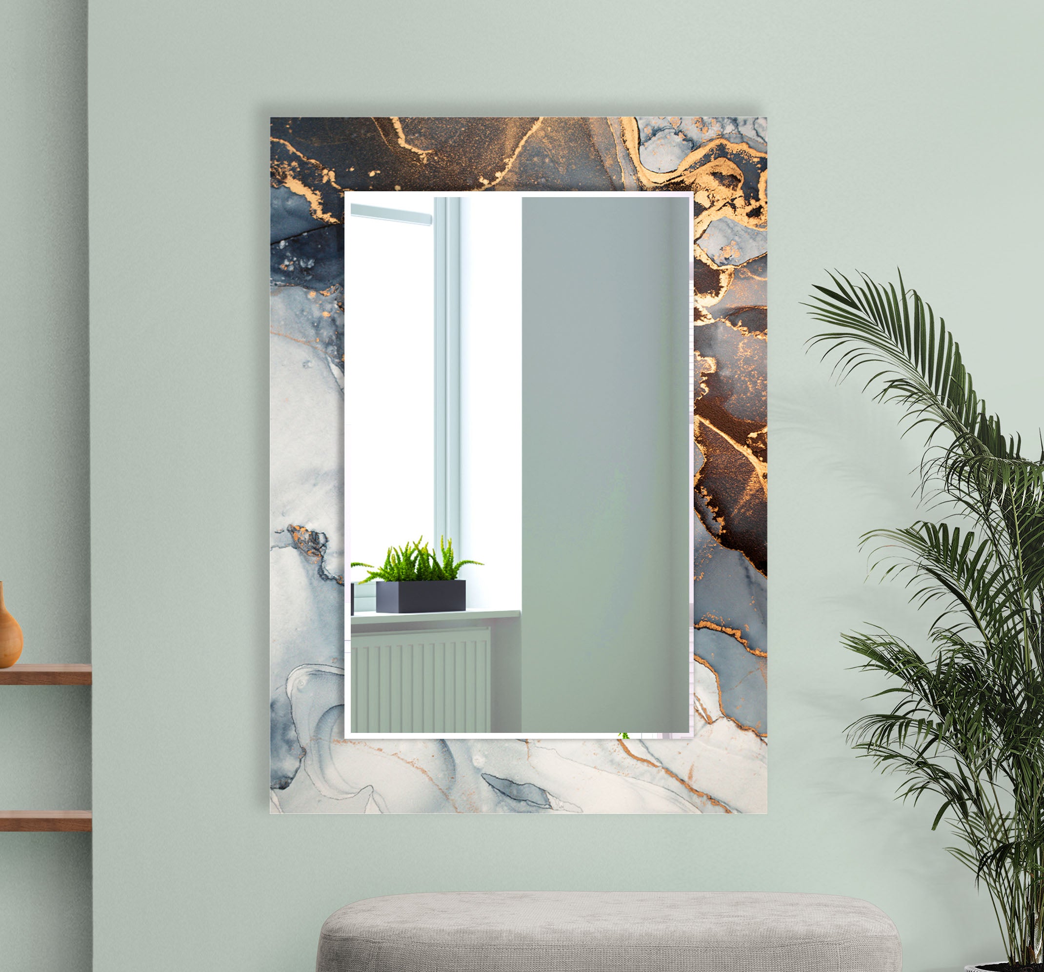 Luxury Blue & Gold Marble Glass Wall Mirror - Modern Statement Decor for Living Room, Bedroom, Entryway & Bathroom