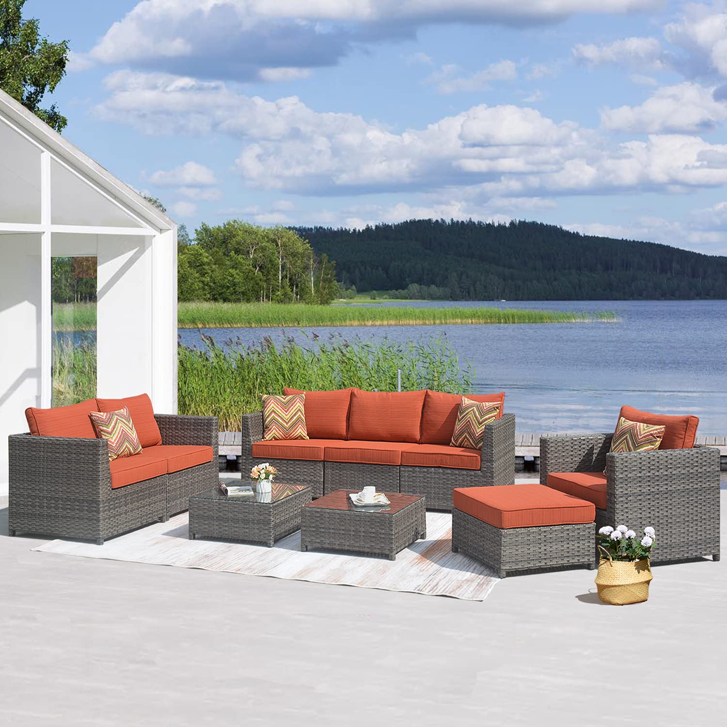 Ovios 9-Piece Patio Furniture Set - All-Weather Wicker Rattan Outdoor Sectional Sofa with Coffee Table (Grey & Orange-Red) - Fully Assembled Large Conversation Set for Backyard, Poolside & Garden Relaxation