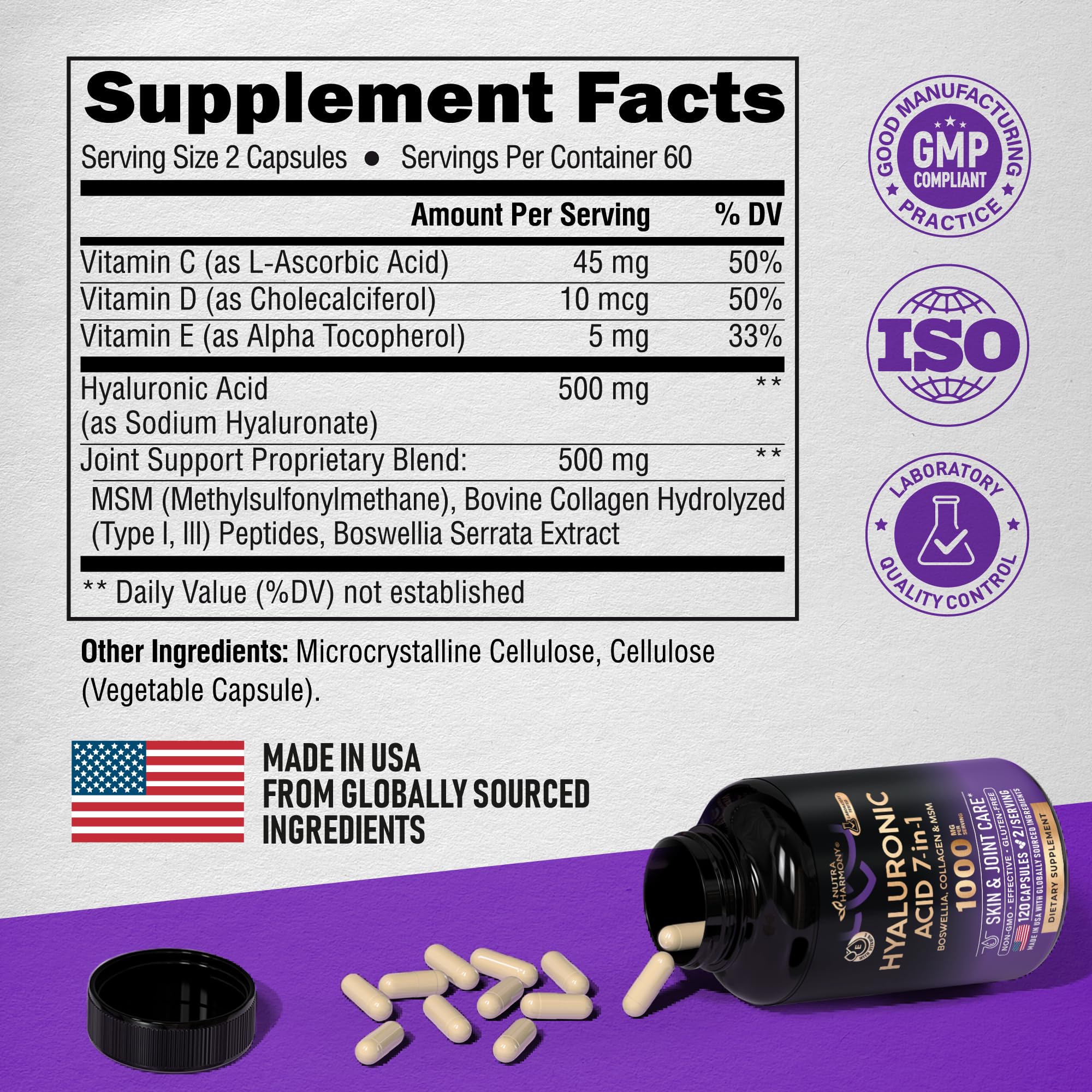 Premium Hyaluronic Acid 1000mg Supplements for Skin Hydration & Joint Support - 7-in-1 Formula with Collagen, MSM, Boswellia & Vitamins - USA Made Vegan Capsules (120 Count) - Reduce Joint Discomfort & Boost Skin Elasticity - Ideal for Active Lifestyles & Anti-Aging Skincare Routines