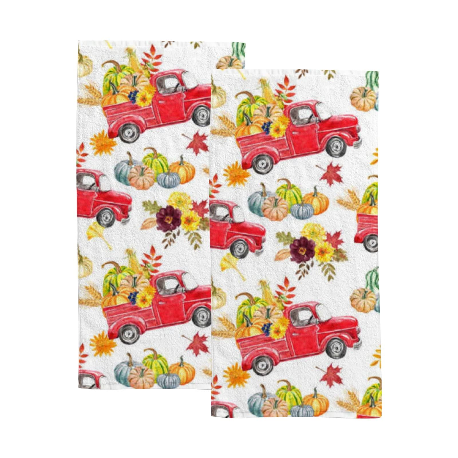 Vantaso 2-Pack Red Truck Autumn Pumpkin Sunflower Bath Hand Towels - Soft, Absorbent Washcloths for Kitchen, Bathroom, Hotel, Gym & Spa | Perfect for Fall Decor, Farmhouse Style & Cozy Home Use