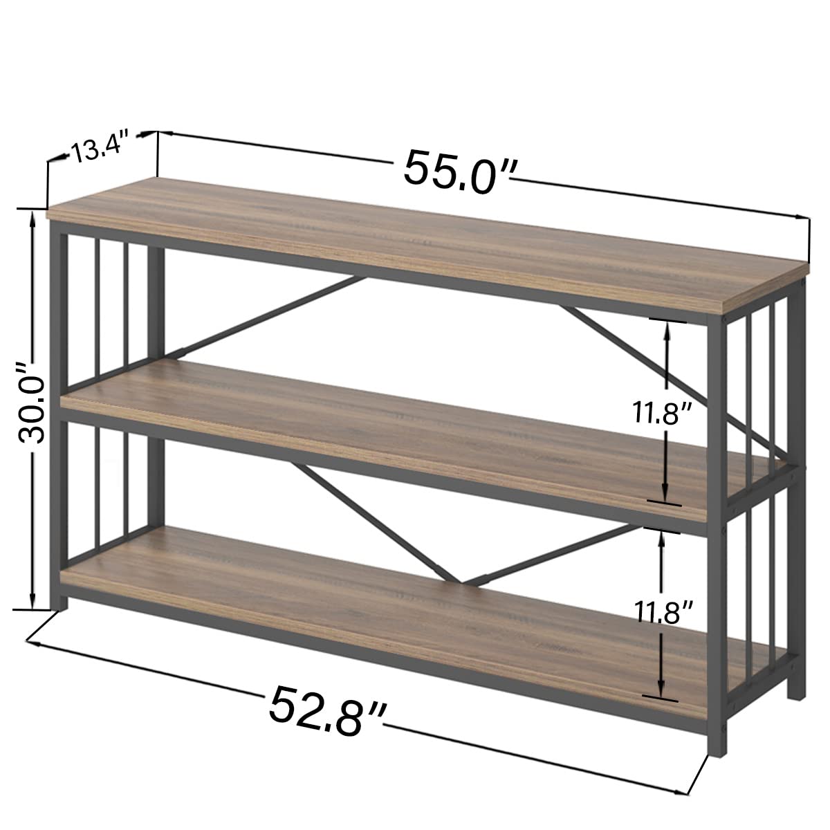 LVB Industrial Console Sofa Table - 55 Inch Rustic Oak Entryway Table with Modern 3-Tier Open Storage Shelf, Wood & Metal Hallway Sofa Table for Foyer, Living Room - Perfect for Home Decor, Organizing Essentials & Creating a Cozy Entryway Ambiance
