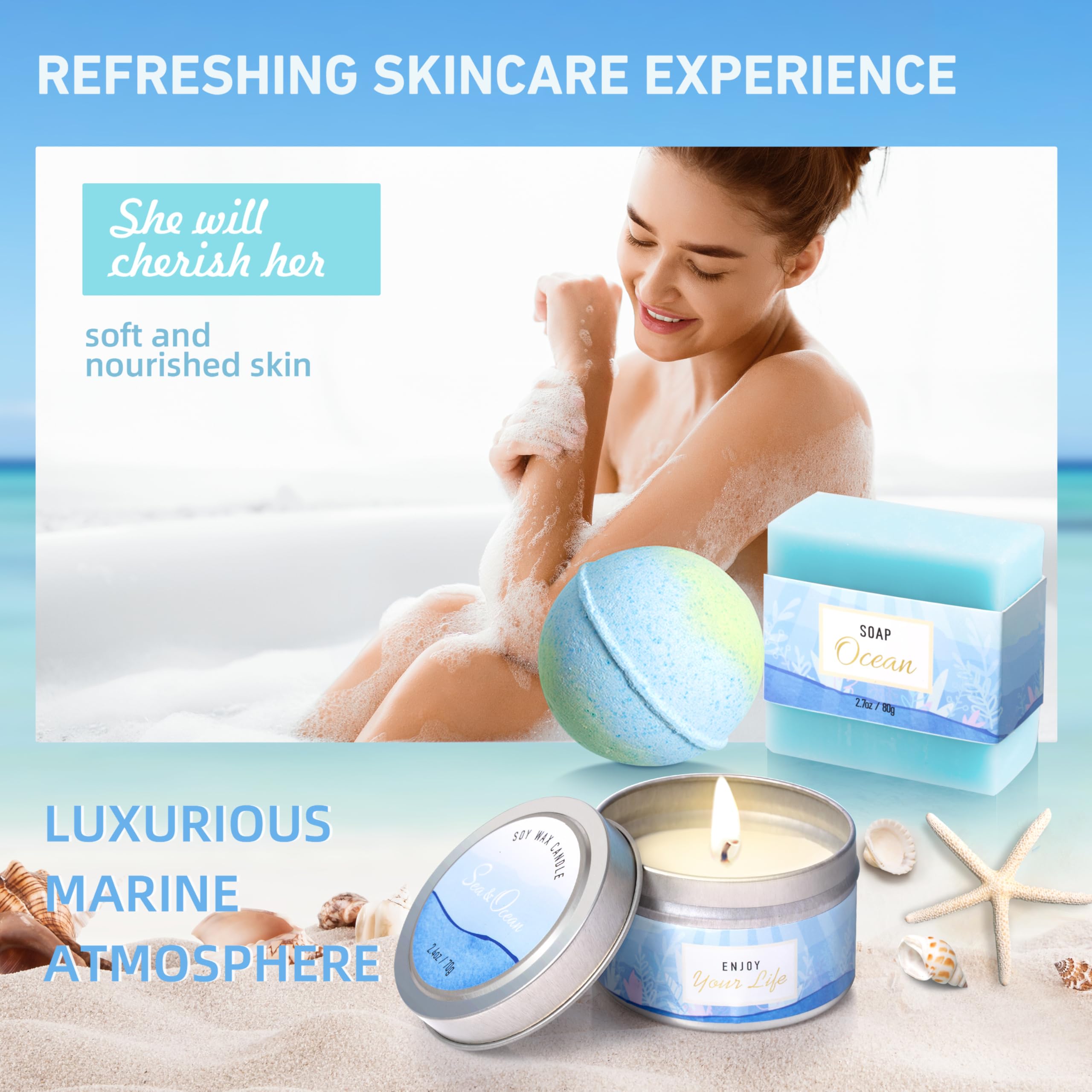 Luxury Ocean Scented Spa Gift Set for Women - Birthday Self Care Gifts for Her, Wife & Mom - Relaxation & Pampering