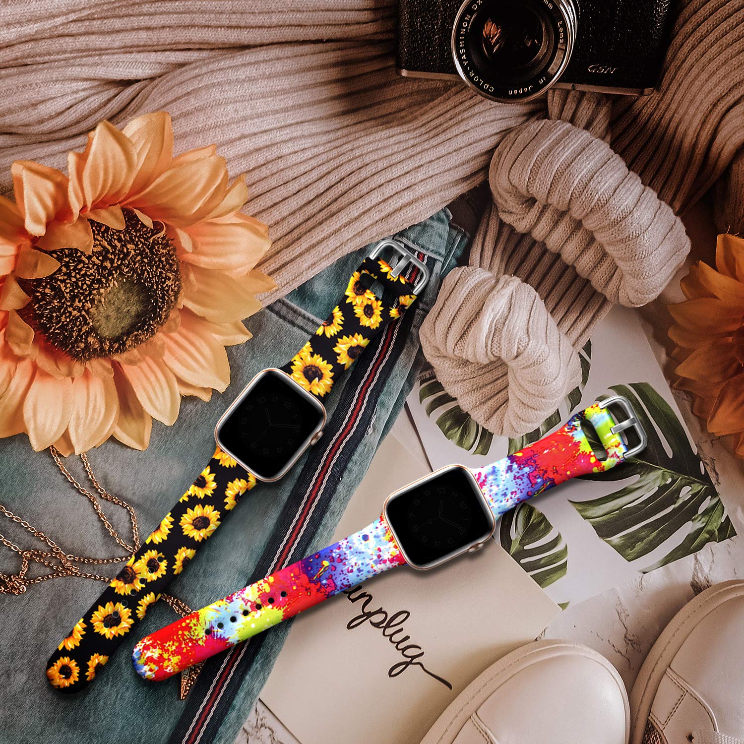 2 Pack Floral Print Sport Silicone Bands Compatible with Apple Watch 38mm 42mm 40mm 44mm 41mm 45mm 49mm - Cute Durable Strap for Women Girls iWatch Ultra SE Series 8/7/6/5/4/3/2/1 - Perfect for Workouts, Running & Everyday Fashion Accessory