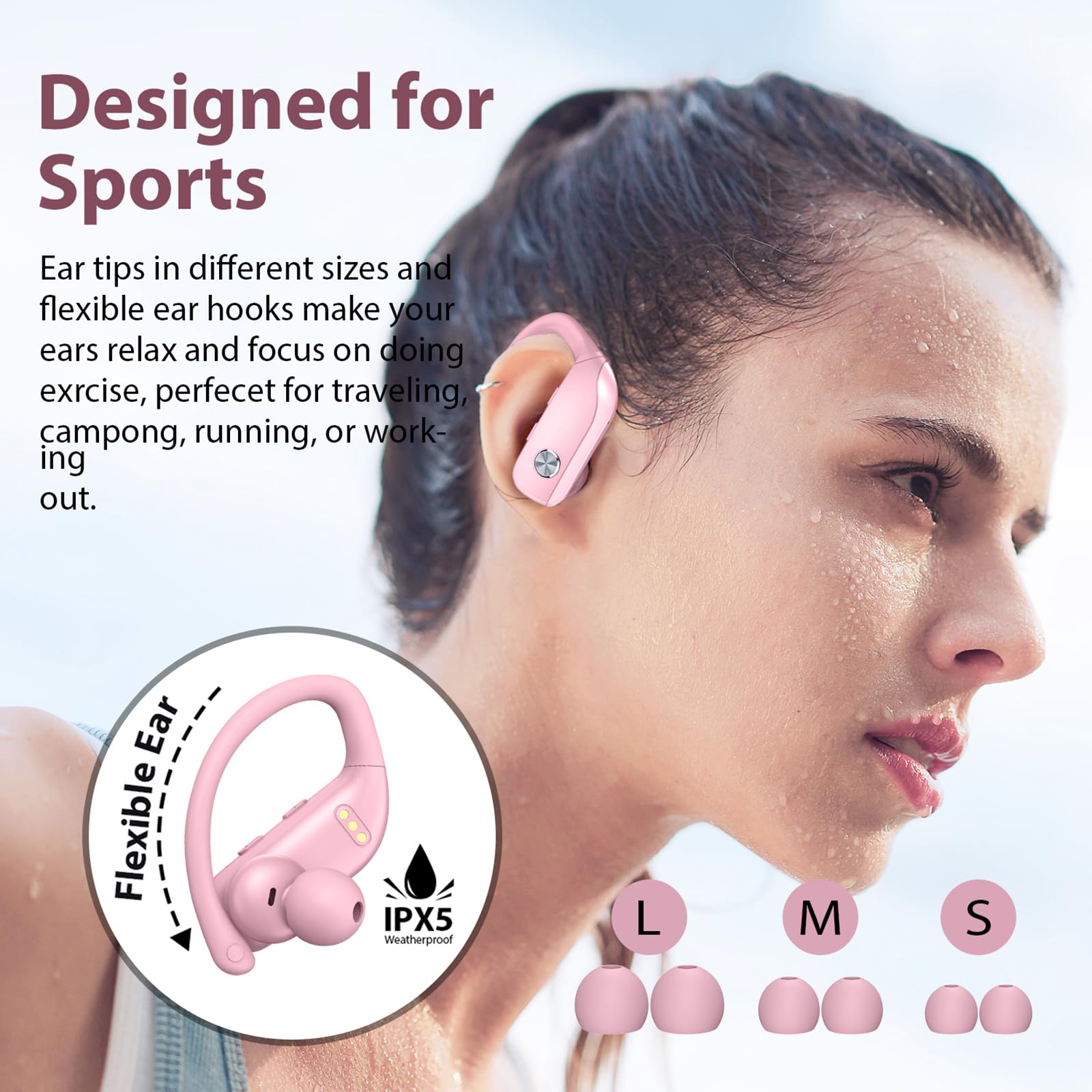 Bmanl Wireless Bluetooth Earbuds - 48H Playback Sports Earphones with LED Display, Over-Ear Design & Secure Earhooks, Built-in Mic for Calls - Perfect for Workout, Running & Gym (Pink)