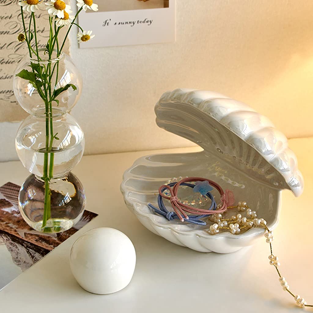 Pearl LED Night Light Jewelry Tray - Ceramic Shell Pearl Table Lamp for Bedroom & Living Room Decor, Housewarming Gift - Perfect for Nightstands, Vanity Tables & Home Decoration (White)