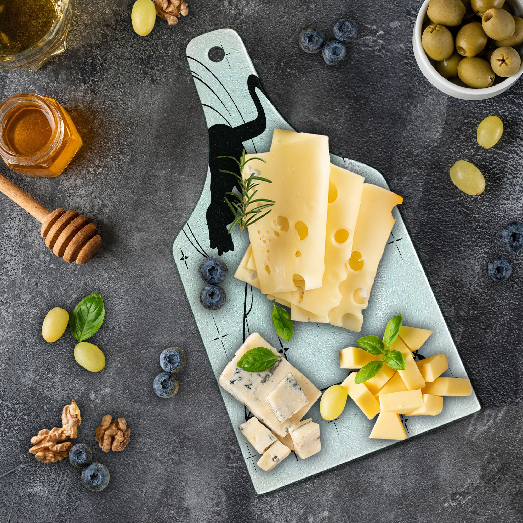 Ambesonne Modern Cat Fishing on Moon Cutting Board - Starry Sky Humor Sketch Art - Tempered Glass Serving Board for Kitchen & Entertaining - Wine Bottle Shape Black White Decorative Chopping Board - Perfect for Cheese Platters, Charcuterie & Wine Pairings
