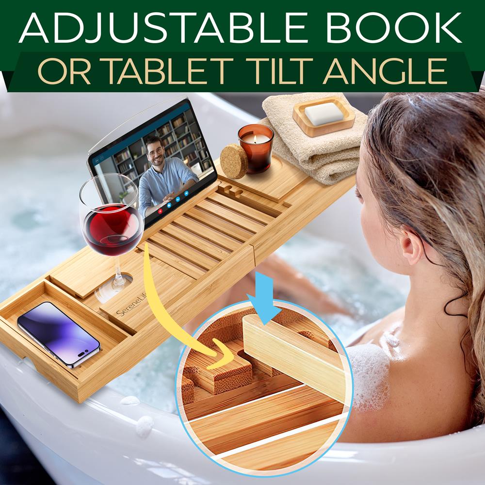 Premium Bamboo Bathtub Caddy Tray with Wine Glass Holder & Book Stand - Perfect for Relaxing Baths, Spa Nights & Self-Care Moments