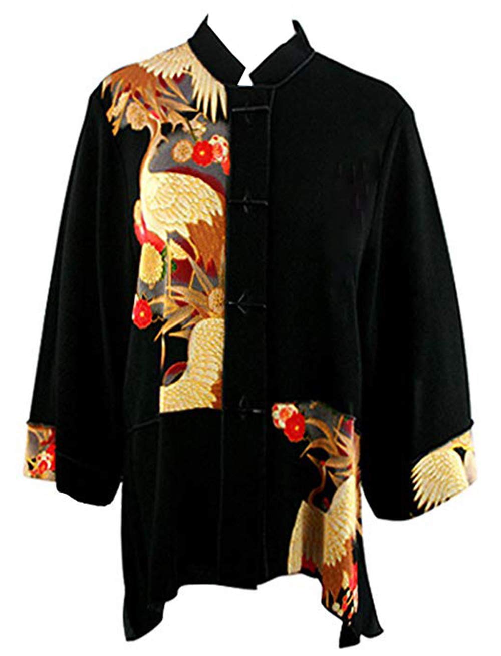 Moonlight Asian Crane Print 3/4 Sleeve Mandarin Collar Sharkbite Hem Women's Blouse - Elegant Boho Chic Top for Casual Wear, Date Nights & Special Occasions