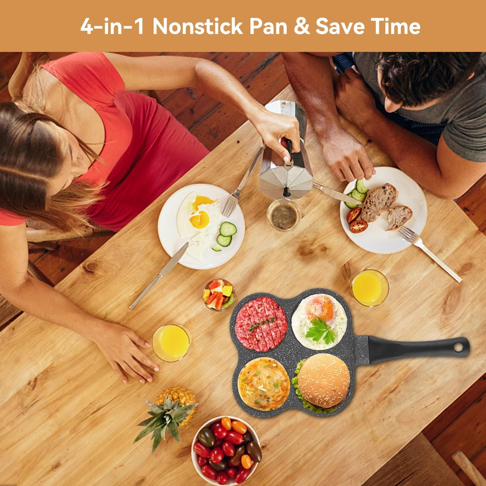Nonstick 4-Hole Aluminum Egg Frying Pan - Perfect for Omelets, Pancakes & Burgers - Induction & Gas Stove Compatible - Ideal for Breakfast, Brunch & Quick Meals