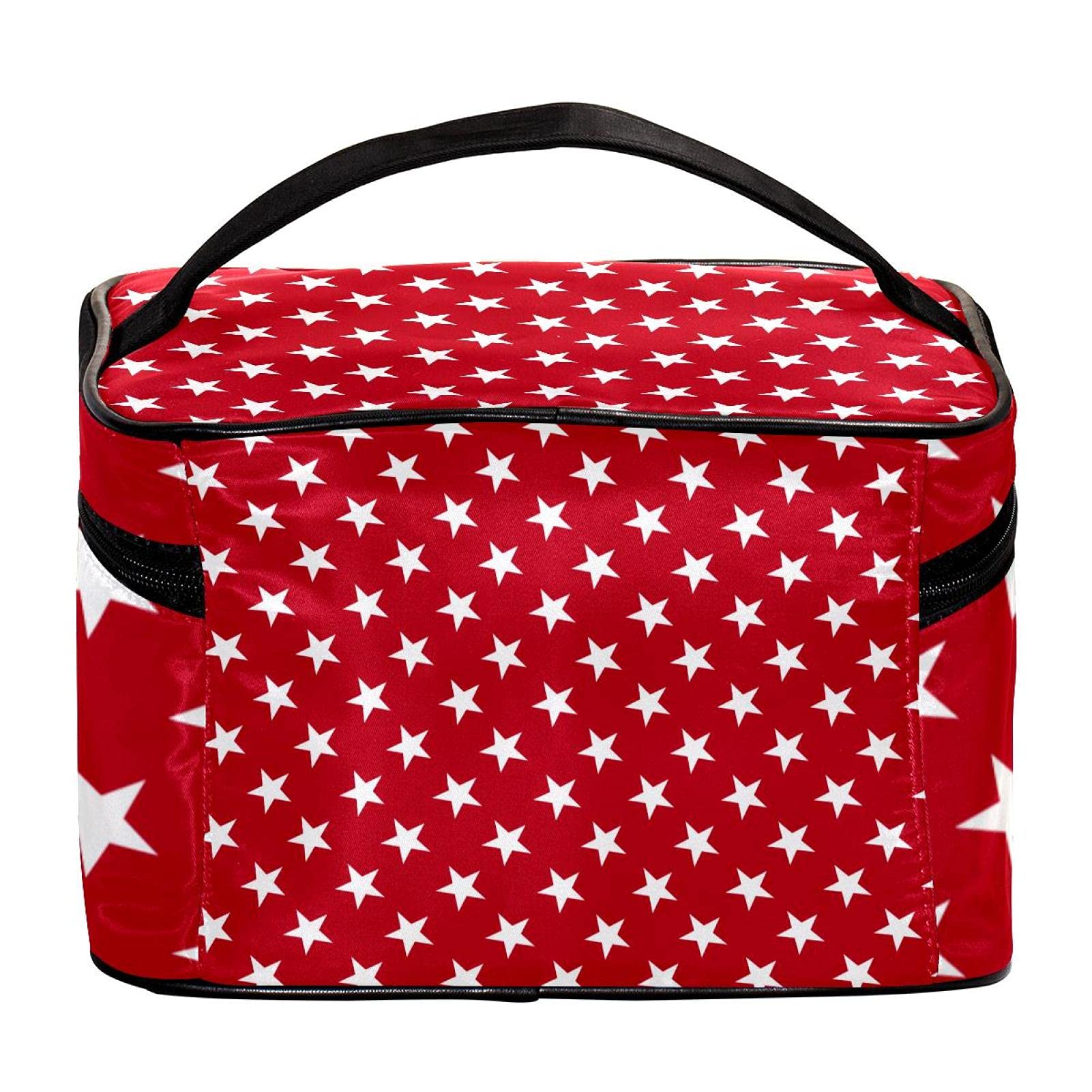 White Stars Red Pattern Large Travel Makeup Bag - Cosmetic Organizer Case with Zipper for Women & Girls | Perfect for Vacation, Gym, and Daily Essentials Storage