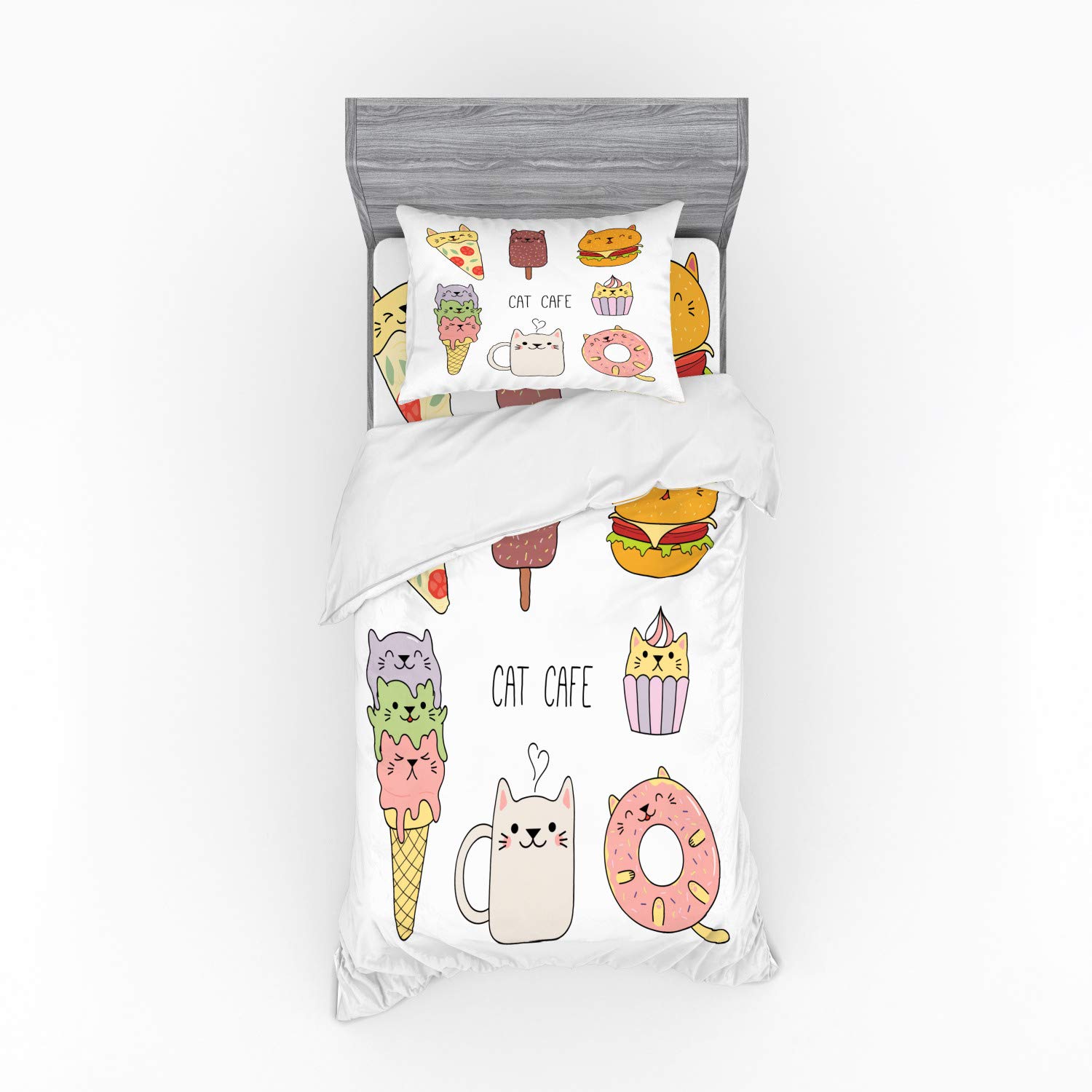 Ambesonne Cartoon Cat Cafe Bedding Set - Hand Drawn Pizza, Ice Cream & Cupcake Design, 3-Piece Duvet Cover with Sham & Fitted Sheet, Twin Size, Multicolor - Perfect for Kids' Rooms, Dorm Decor & Themed Bedrooms
