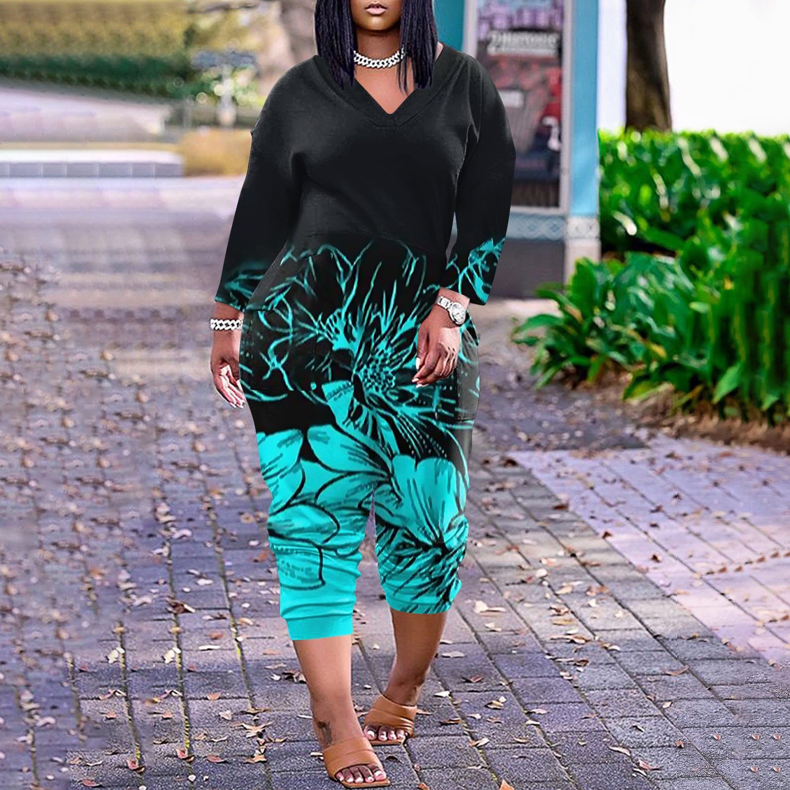 PVTOSD Women's Long Sleeve Jumpsuit - Black Printed V-Neck Loose Fit Romper with Pockets, Maternity & Plus Size (4XL, Blue) | Casual Clubwear, Date Night Outfits & Everyday Stylish Overalls