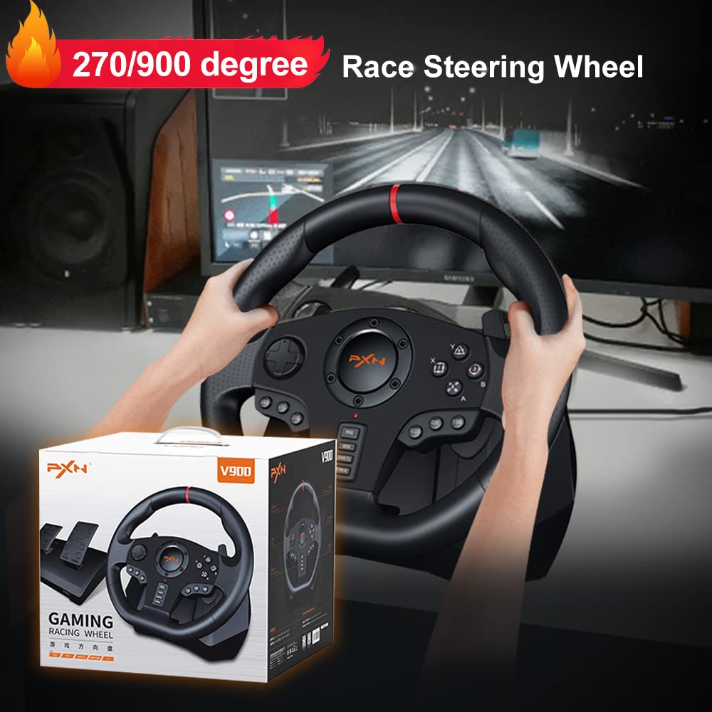 PXN V900 Gaming Steering Wheel - 270°/900° Adjustable Racing Wheel with Pedals & Paddle Shifters, Force Feedback for Xbox One, Series X/S, PS4, PS3, PC, Nintendo Switch & Android TV - Perfect for Simulation Racing & Gaming Enthusiasts