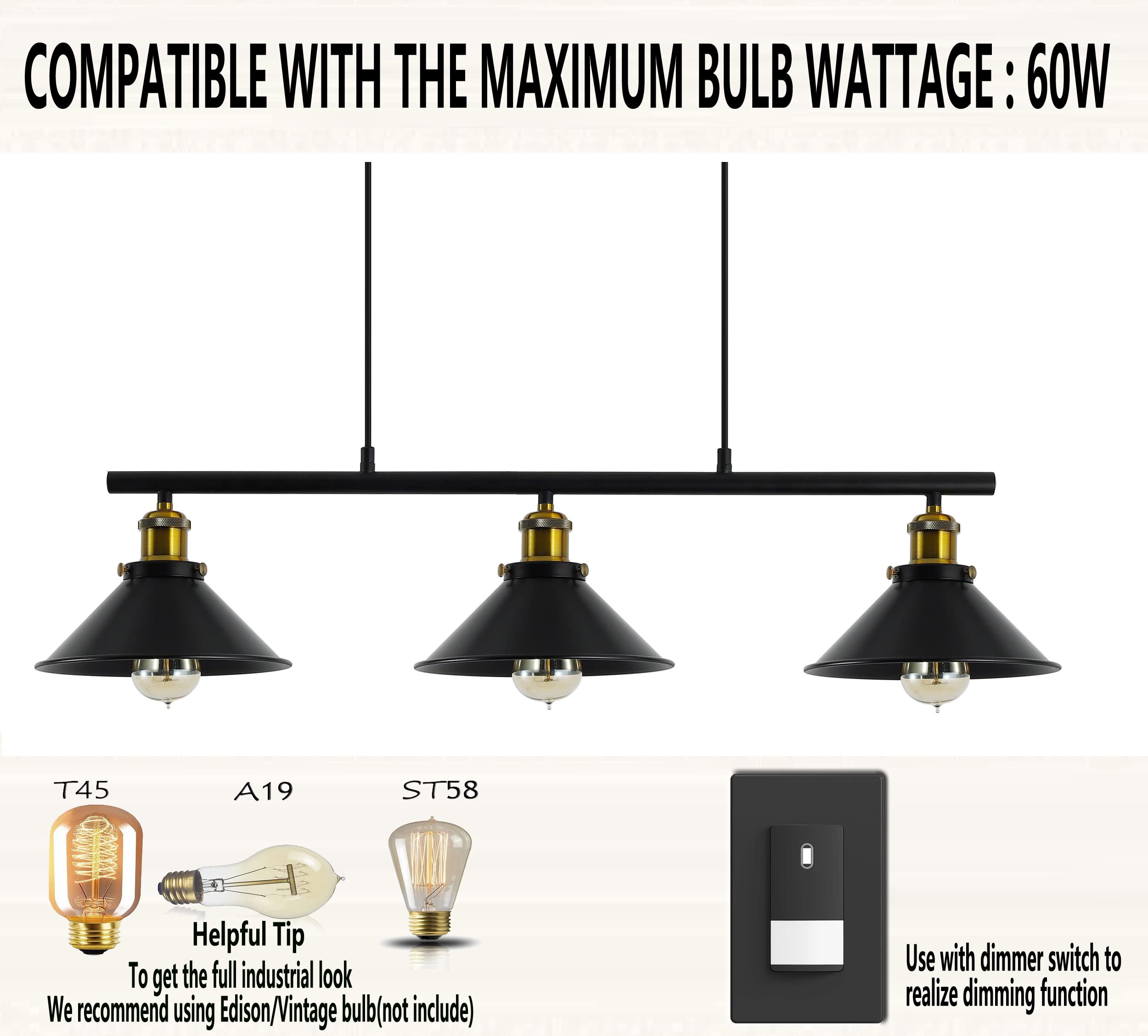 3-Light Kitchen Island Pendant Light Fixture - Farmhouse Linear Hanging Chandelier with Matte Black Finish for Kitchen, Dining Room, Bar, Pool Table | Modern Industrial Lighting for Home Decor & Restaurant Ambiance
