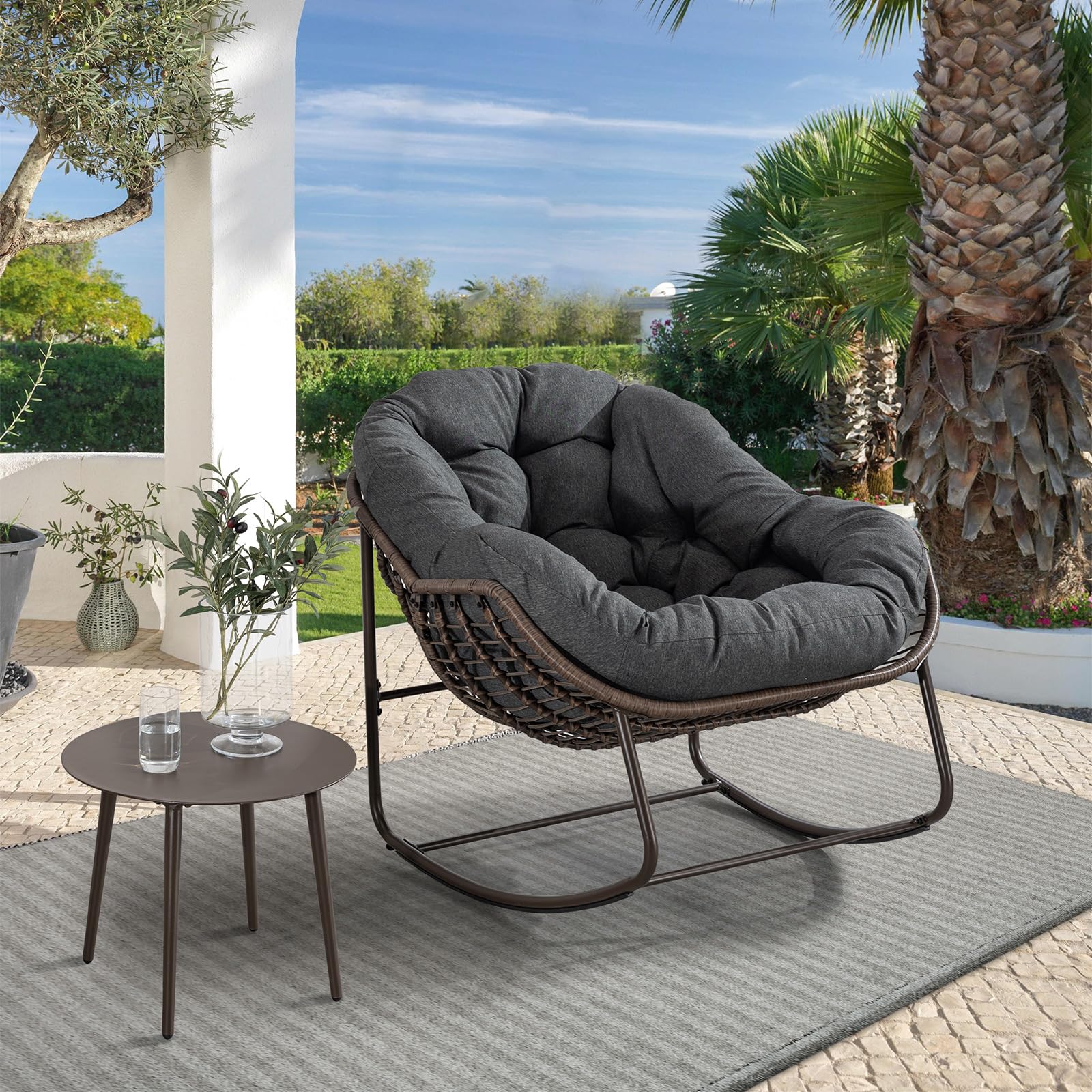 Premium Outdoor Rocking Chair - Oversized Wicker Egg Rocker with Thick Cushion, Modern Patio Lounge Chair for Balcony, Garden, Porch & Backyard - Grey | Perfect for Relaxing, Reading & Sunbathing