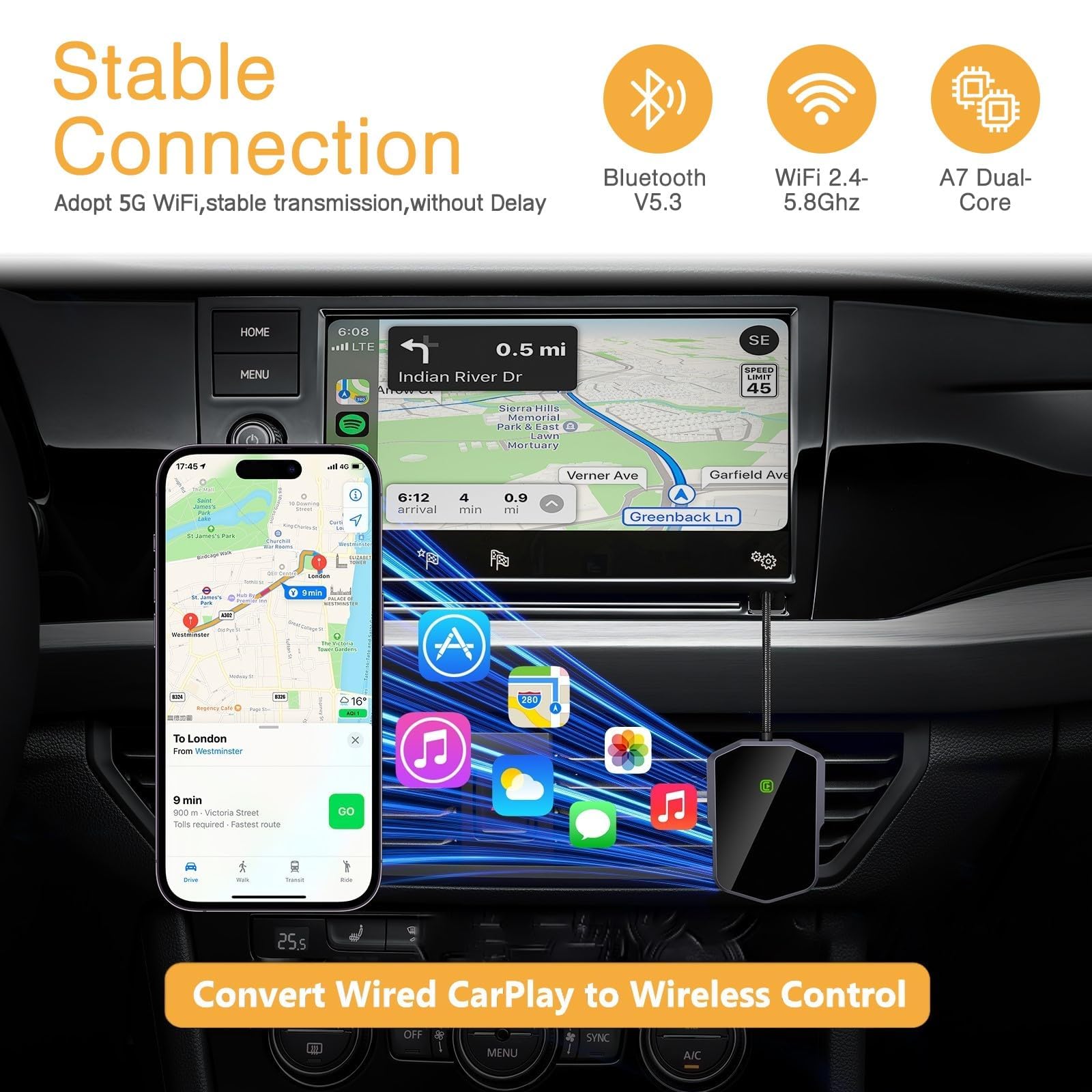 2025 Upgraded Wireless CarPlay Adapter for Apple iPhone - Convert Wired to Wireless Bluetooth CarPlay, Plug & Play Stereo Dongle for Cars 2017+ & iPhone iOS 10+ | Seamless Music Streaming & Hands-Free Calling While Driving
