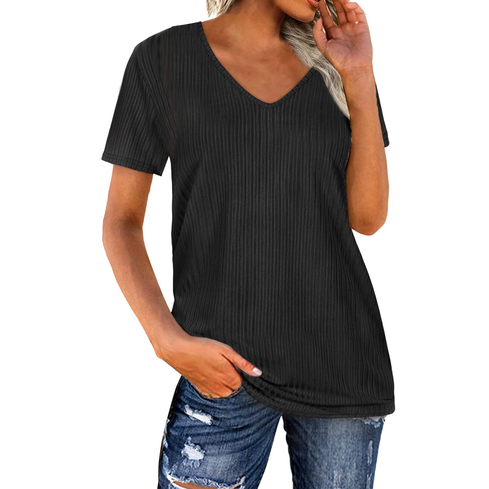 Women's V-Neck Short Sleeve Casual T-Shirt - Soft Cotton Plain Tee for Summer - Trendy Basic Top for Everyday Wear - Perfect for Work, Weekend & Vacation Outfits