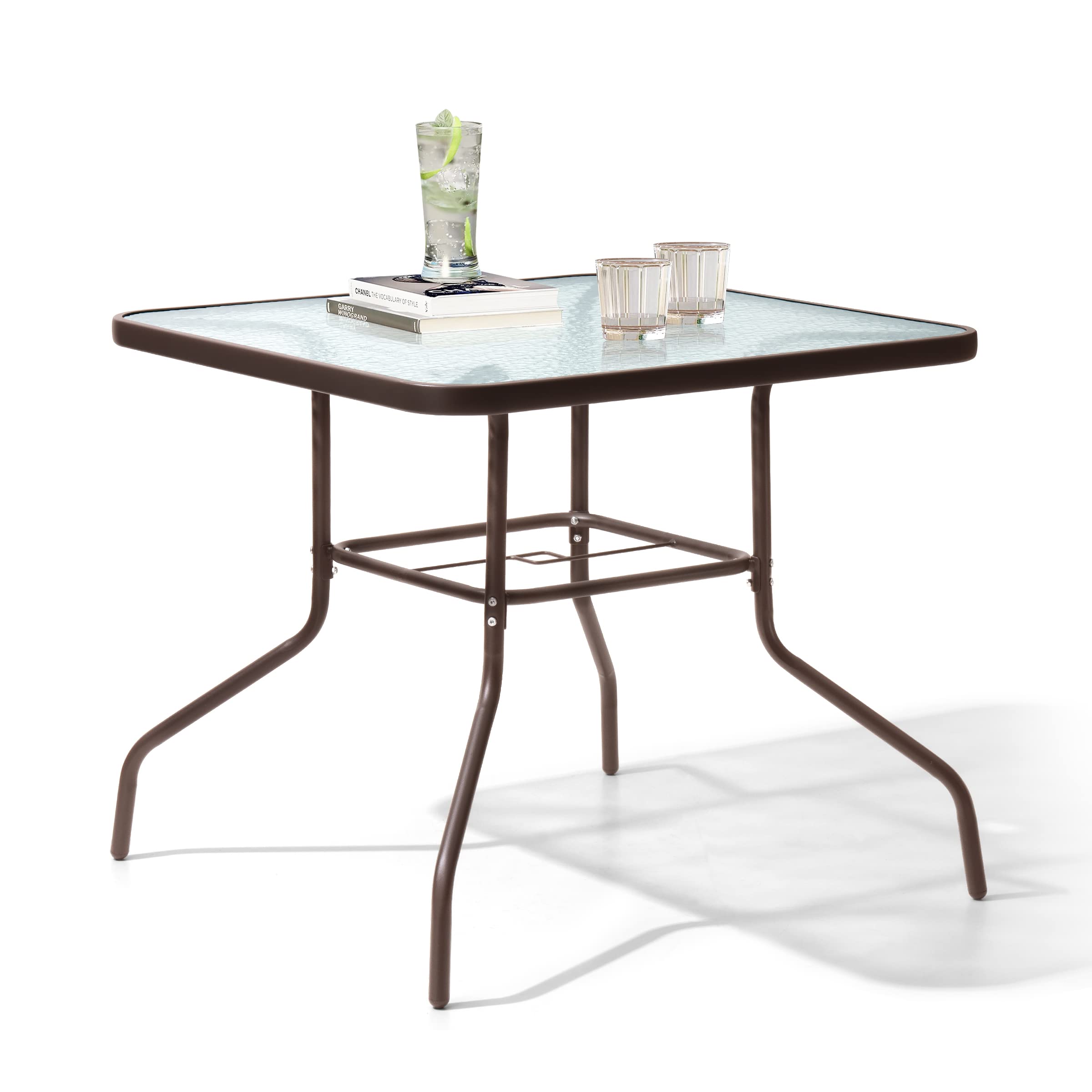 Premium Outdoor Dining Table for 4 - Square Patio Table with Umbrella Hole | Durable Tempered Glass & Metal Bistro Set for Garden, Deck, Backyard, Lawn (Brown) | Perfect for Al Fresco Dining & Outdoor Entertaining