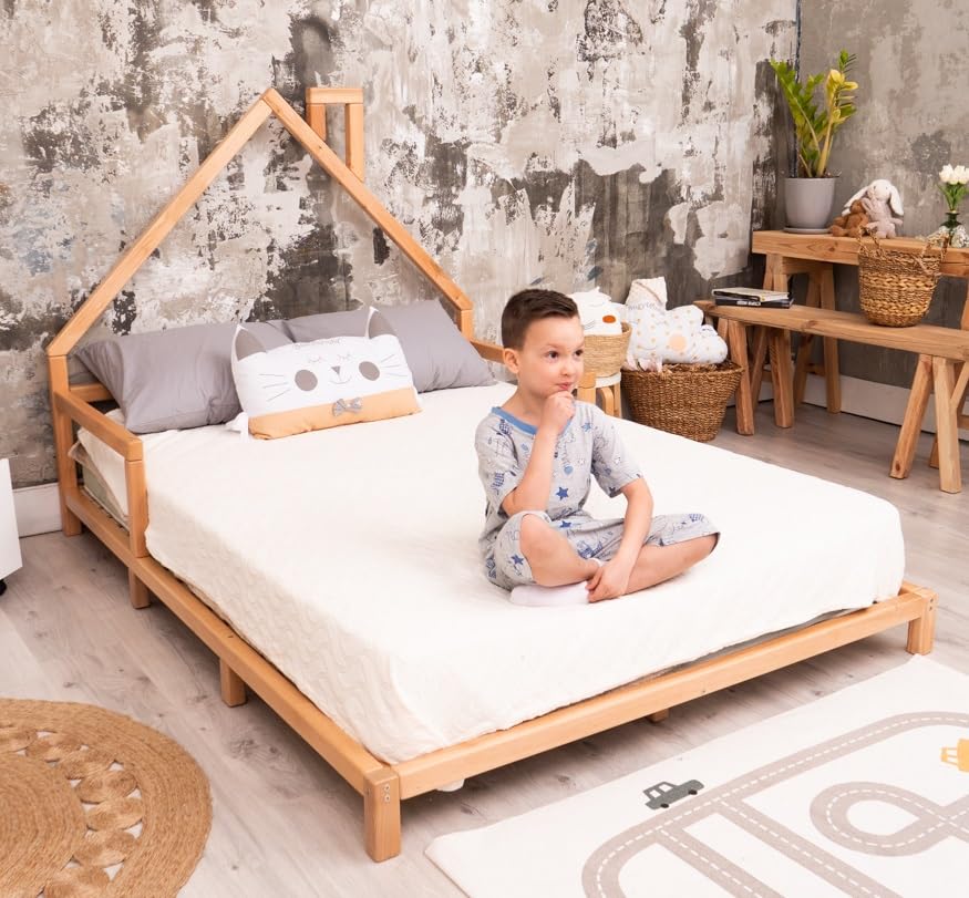 Montessori Toddler Bed with Rails - Twin/Full Size Floor Bed Frame for Kids' Room & Play Area
