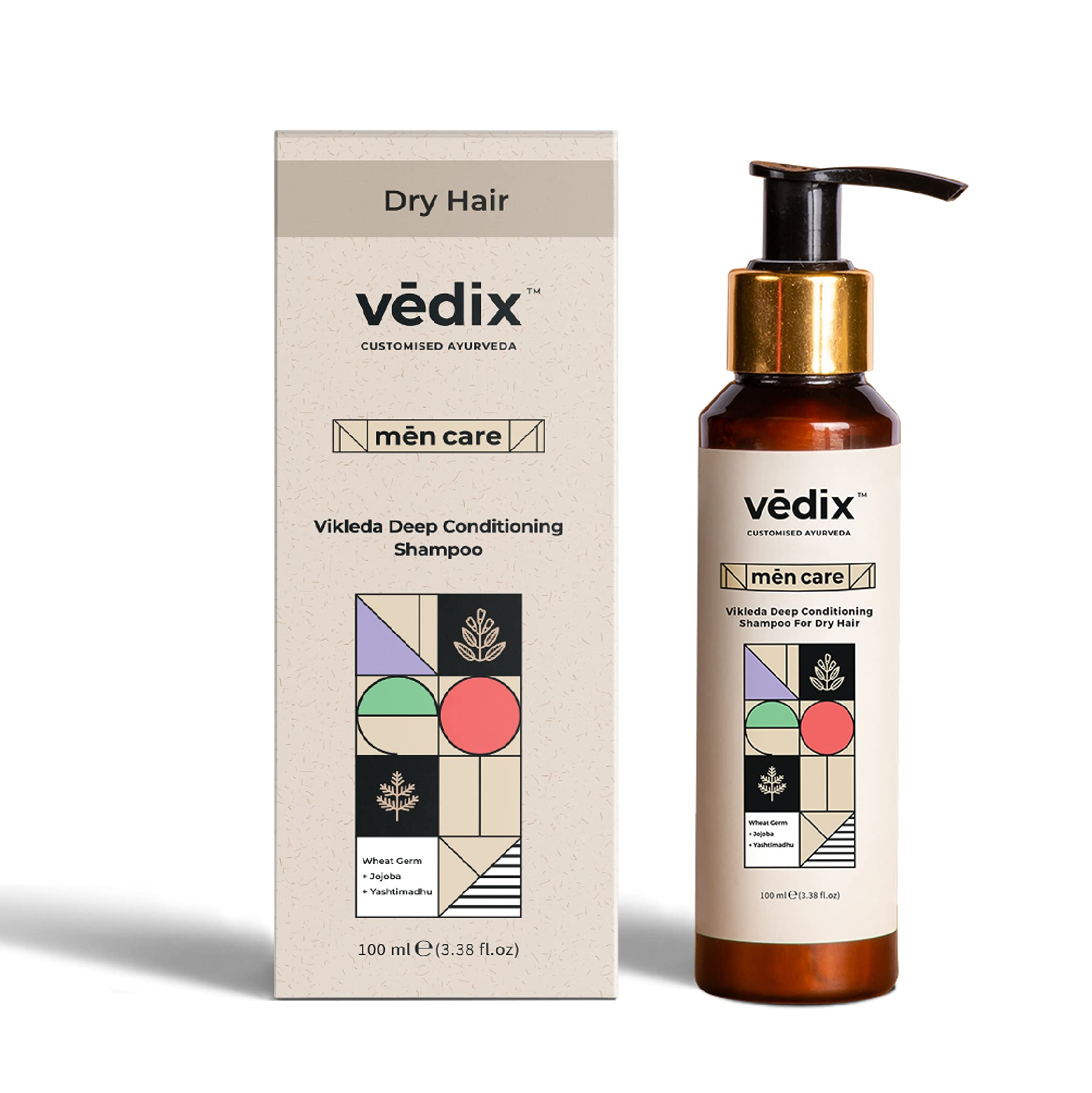Vedix Ayurvedic Shampoo for Dry Frizzy Hair - Sulfate Free Customized Deep Conditioning Shampoo for Men with Wheat Germ, Jojoba & Yashtimadhu - 100ml - Perfect for Daily Hair Care & Scalp Nourishment