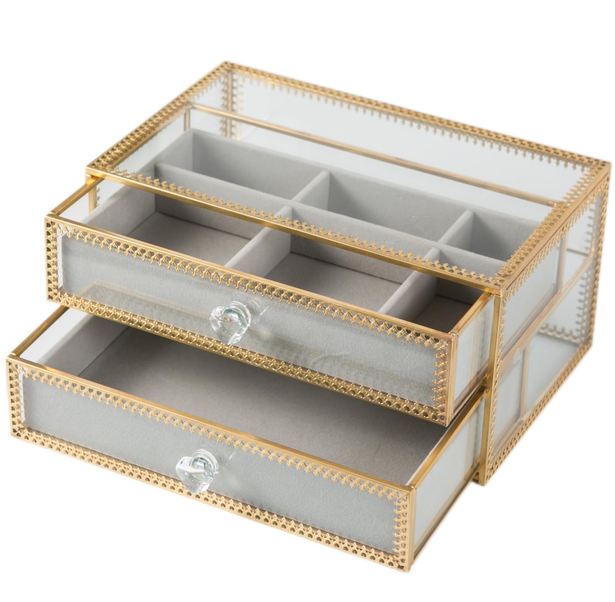 Vintage Golden Glass Jewelry Box with 2 Drawers & Removable Velvet Tray - Brass Metal Jewelry Organizer for Earrings, Rings, Necklaces - Dustproof Display Case for Bedroom, Dresser, Vanity & Travel Storage