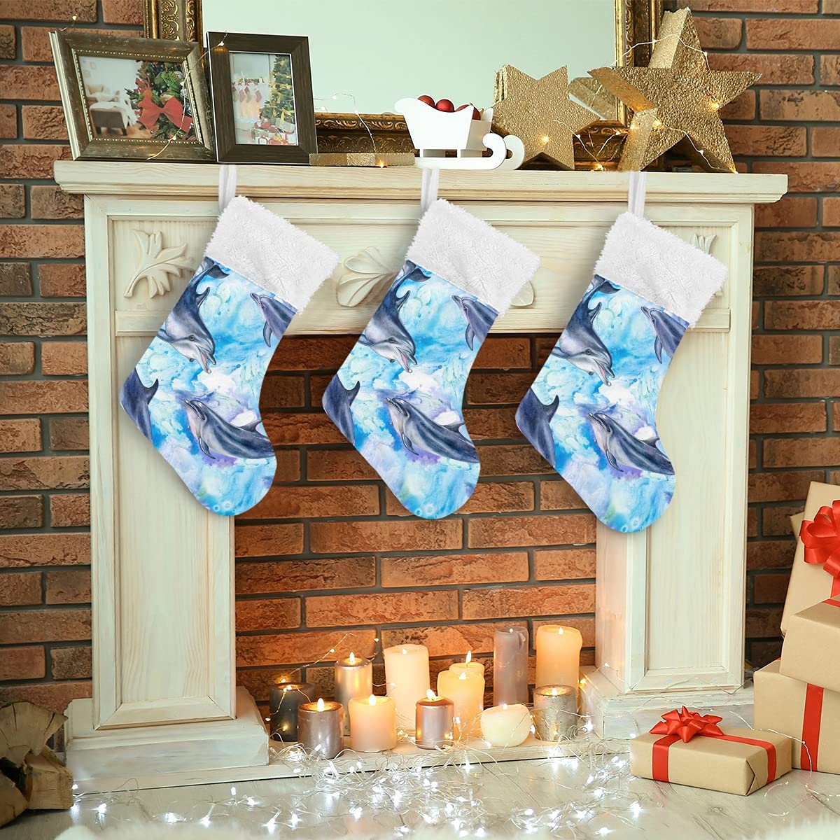 DOMIKING Personalized Large Christmas Stocking - Sea Blue Dolphins Design, Classic Holiday Decor for Family, Party & Festive Season | Perfect for Fireplace Mantel, Gift Exchange & Xmas Decorations