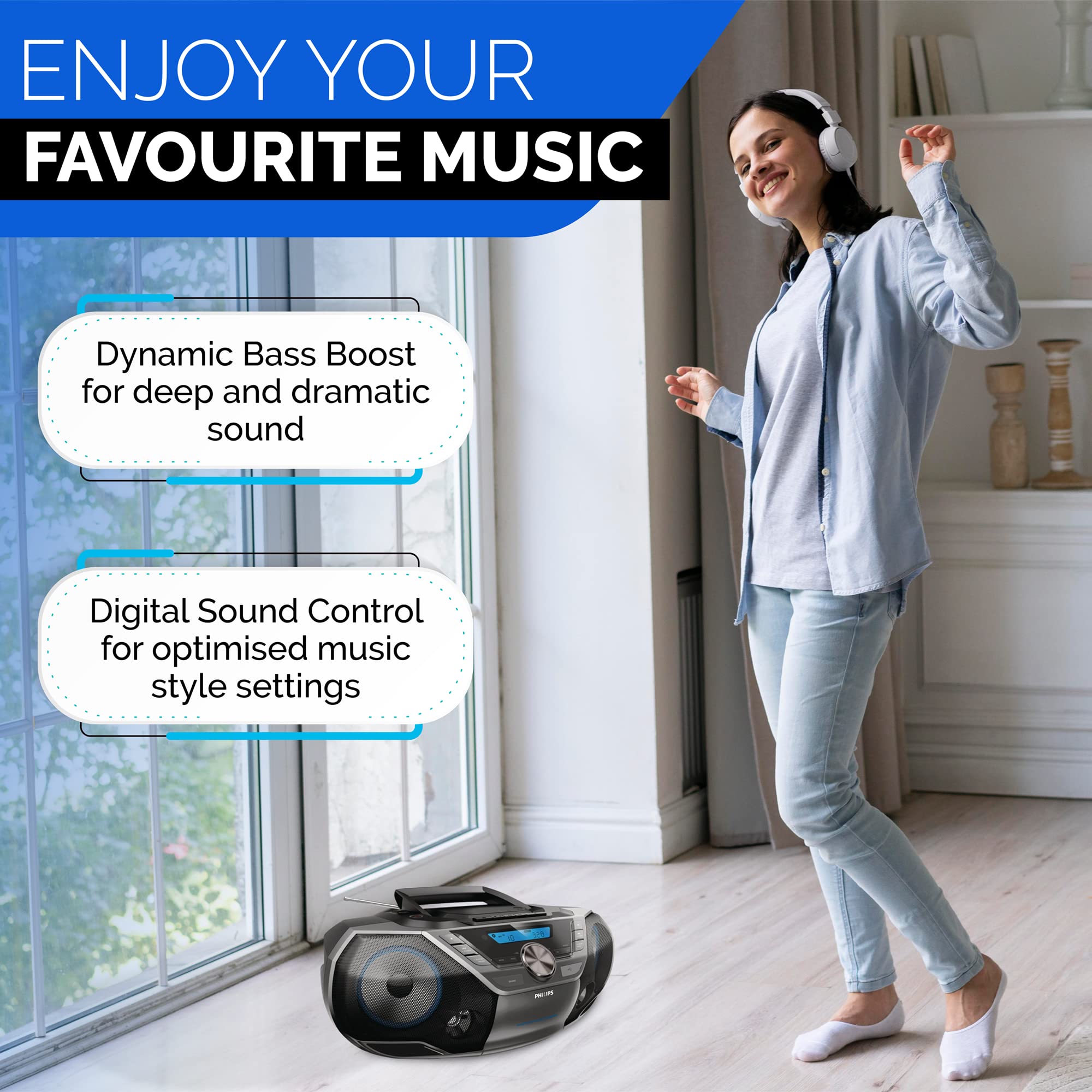 **Philips Portable CD Player Boombox with Bluetooth, Cassette Player, Mega Bass & FM Radio - USB/MP3/AUX Input, LCD Display - Perfect for Home, Parties & Outdoor Use**