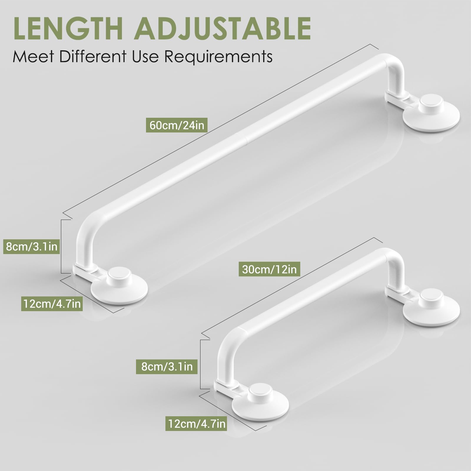 LUXEAR 24 Inch No Drill Suction Cup Towel Bar - Adhesive Bathroom Towel Holder with 5 Sliding Hooks - Wall Mounted for Shower, Bathroom, Kitchen & Door - White - Perfect for Small Spaces & Rental Homes
