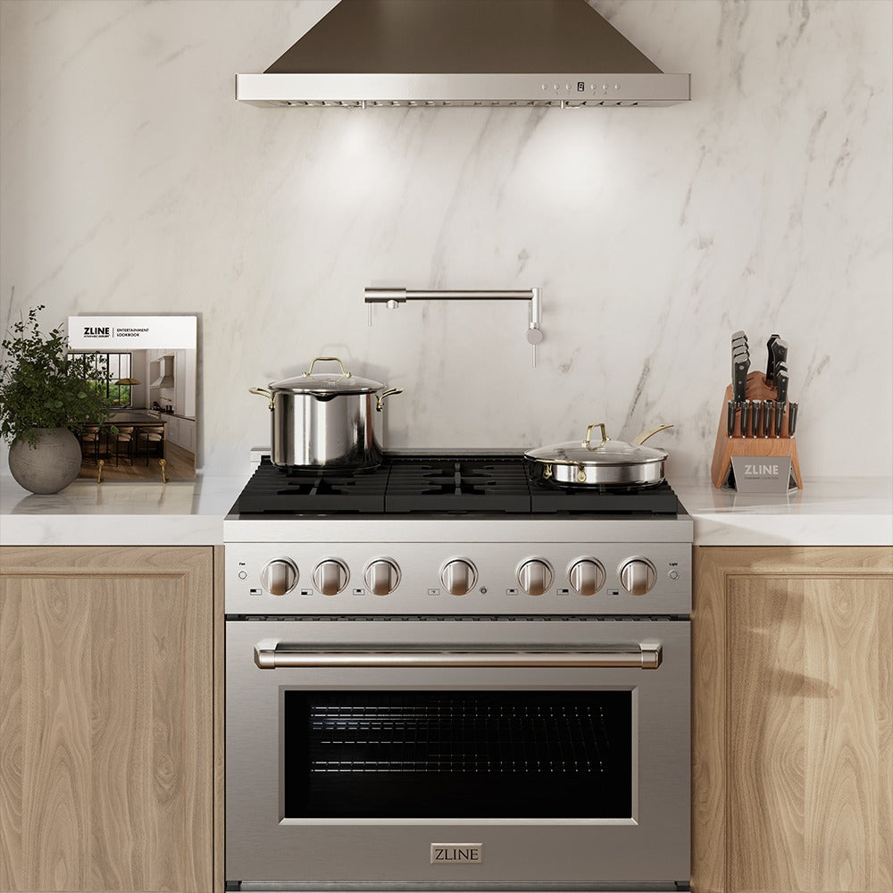 ZLINE 36 Inch Stainless Steel Kitchen Package - Gas Range, Range Hood, Microwave Drawer, Dishwasher & Beverage Fridge (5KP SGRRH36 MWDWV RBV) | Premium Appliance Bundle for Modern Kitchens, Home Chefs & Entertaining