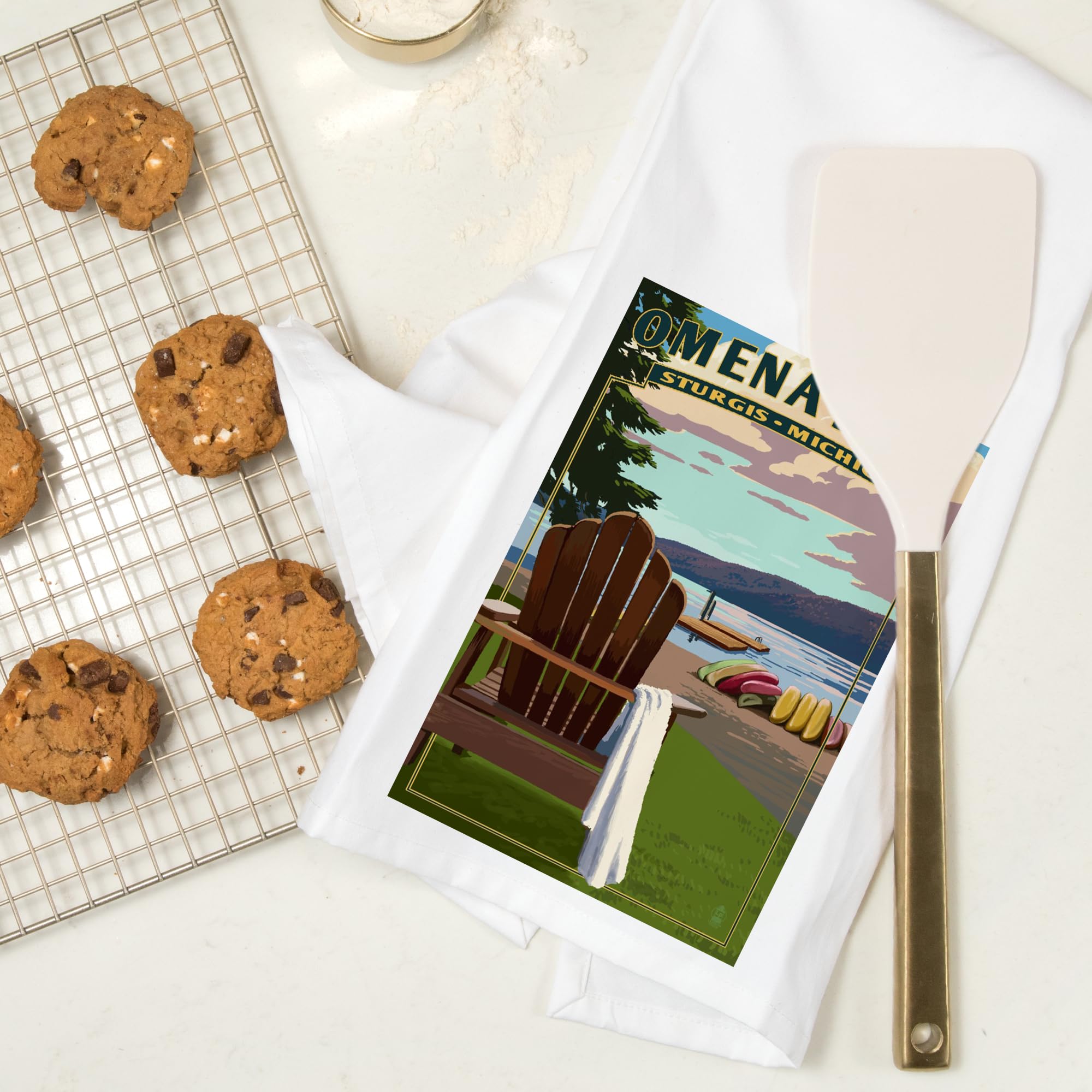 Premium 100% Cotton Tea Towel - Decorative Hand Towel for Kitchen & Home | Omena Lake Sturgis Michigan Adirondack Chairs Design | Perfect for Dish Drying, Gift Giving & Farmhouse Decor