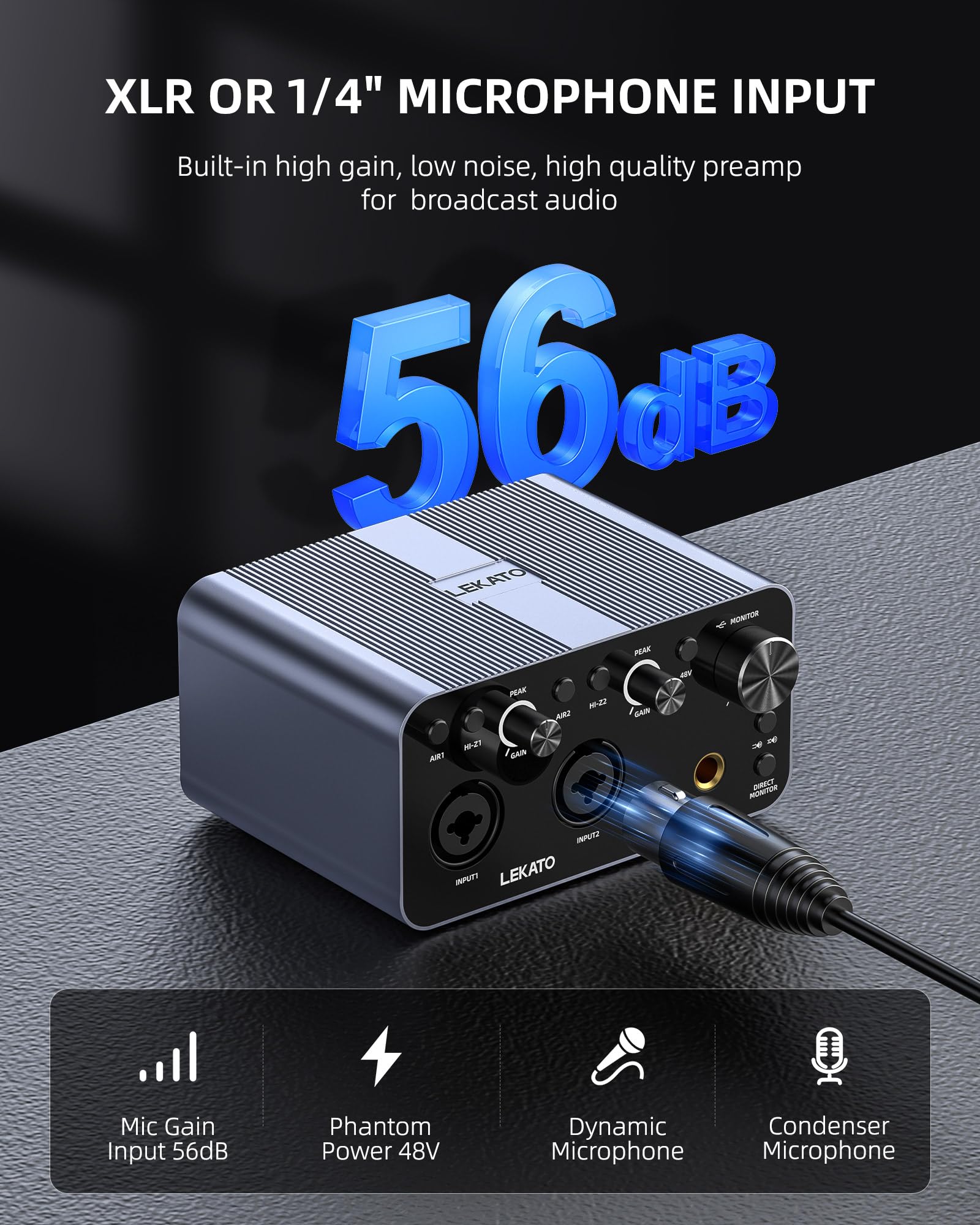LEKATO 2i2 USB Audio Interface - 24-bit/192kHz Studio Recording Interface with XLR Inputs & 48V Phantom Power for Smartphones, Computers, Guitars, Podcasting & Music Production - Perfect for Home Studios, Live Streaming & Professional Recording Sessions
