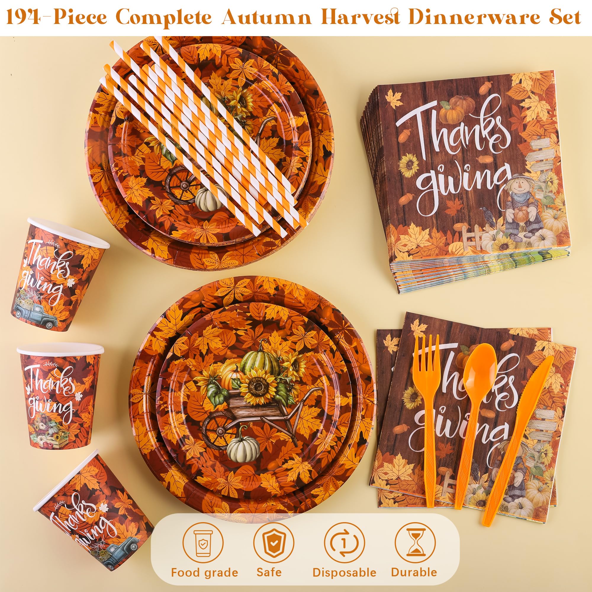 Ruisita 194-Piece Fall Party Dinnerware Set - Thanksgiving Maple Leaves Disposable Plates, Cups, Cutlery, Napkins & Tablecloth - Autumn Harvest Party Supplies for 24 Guests - Perfect for Thanksgiving, Halloween, and Seasonal Gatherings
