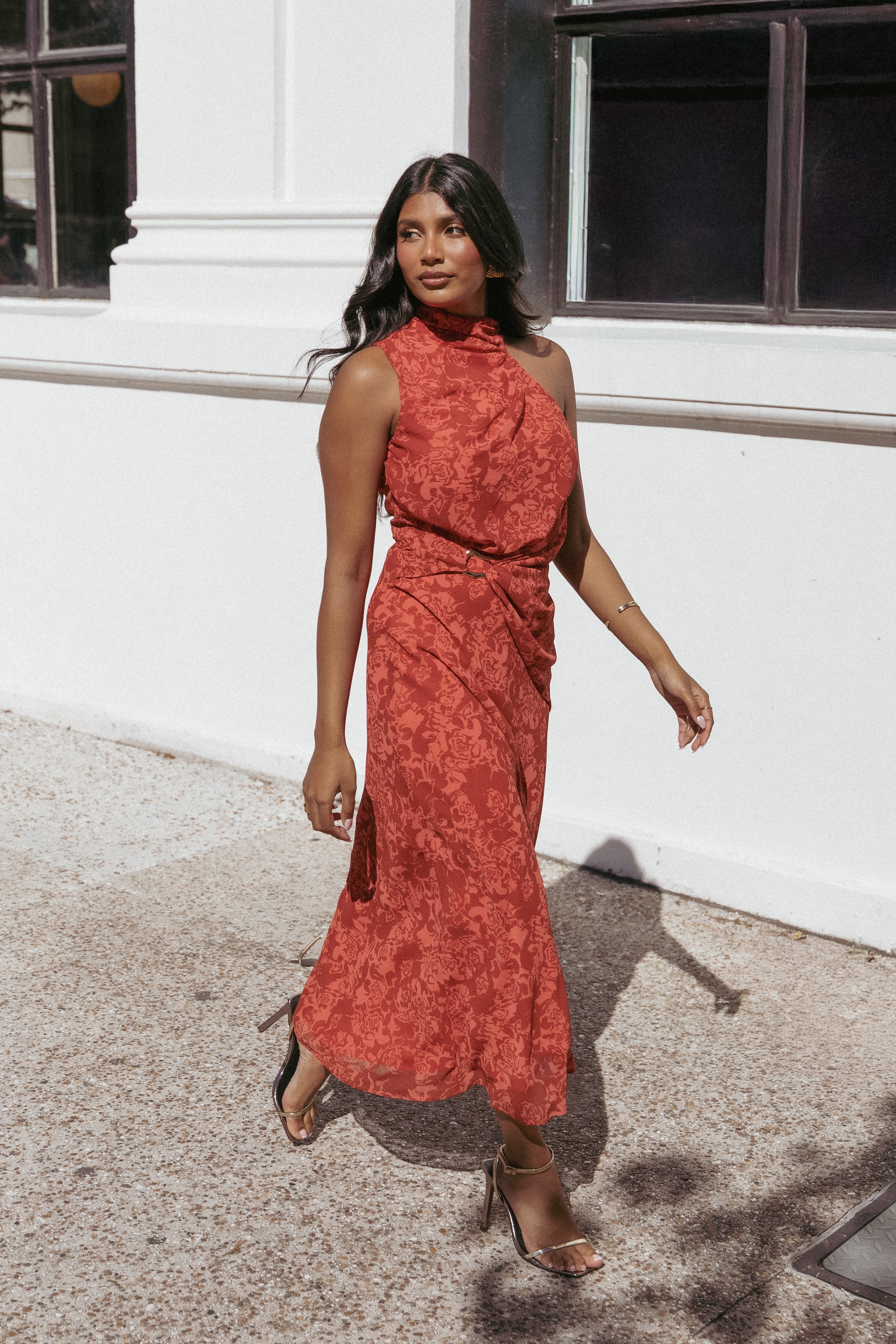 Isabeau Midi Dress - Floral Print Red Roses Women's Summer Dress for Casual Wear, Date Night & Special Occasions
