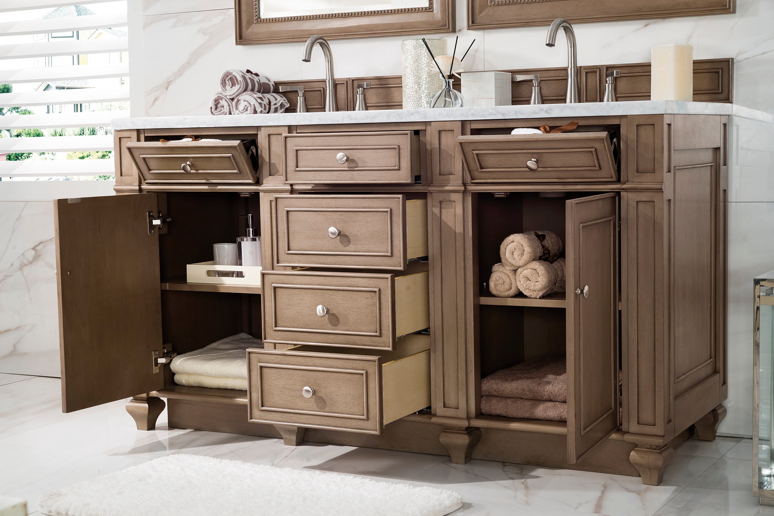 Bristol 60-Inch Double Bathroom Vanity in Whitewashed Walnut with 3CM Arctic Fall Solid Surface Top - Perfect for Master Bathroom Renovation & Modern Home Decor