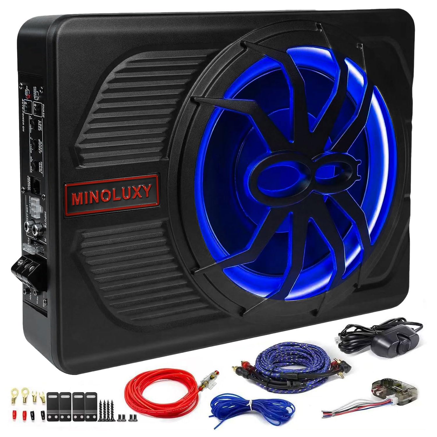 10 Inch 800W Slim Under Seat Powered Car Subwoofer with Built-in Amplifier & Blue LED Lights - High Performance Bass for Cars & Trucks - Perfect for Road Trips, Music Lovers & Enhanced Audio Experience