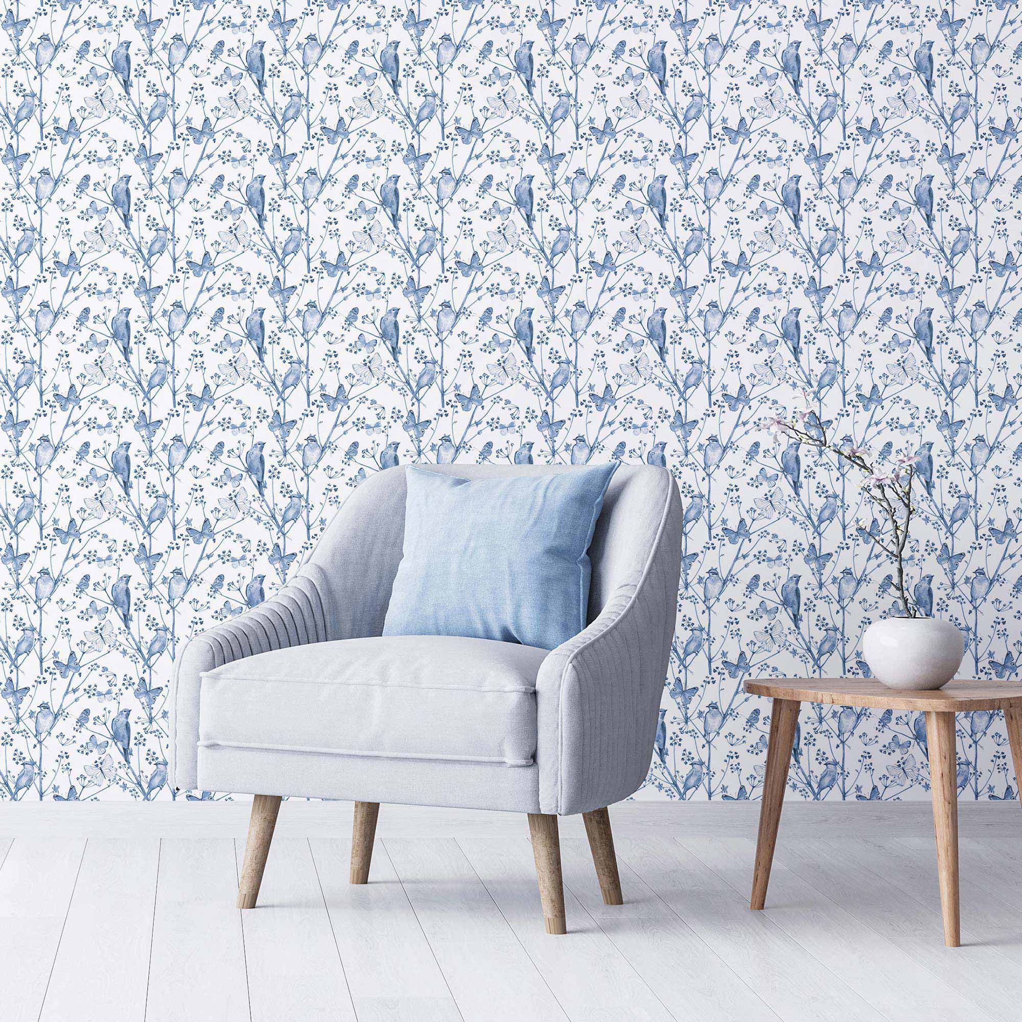 Blue Birds Peel and Stick Removable Wallpaper - Self-Adhesive Decorative Wall Covering for Bedroom, Nursery, Living Room & Home Decor - Easy to Install & Remove - Pattern 5094