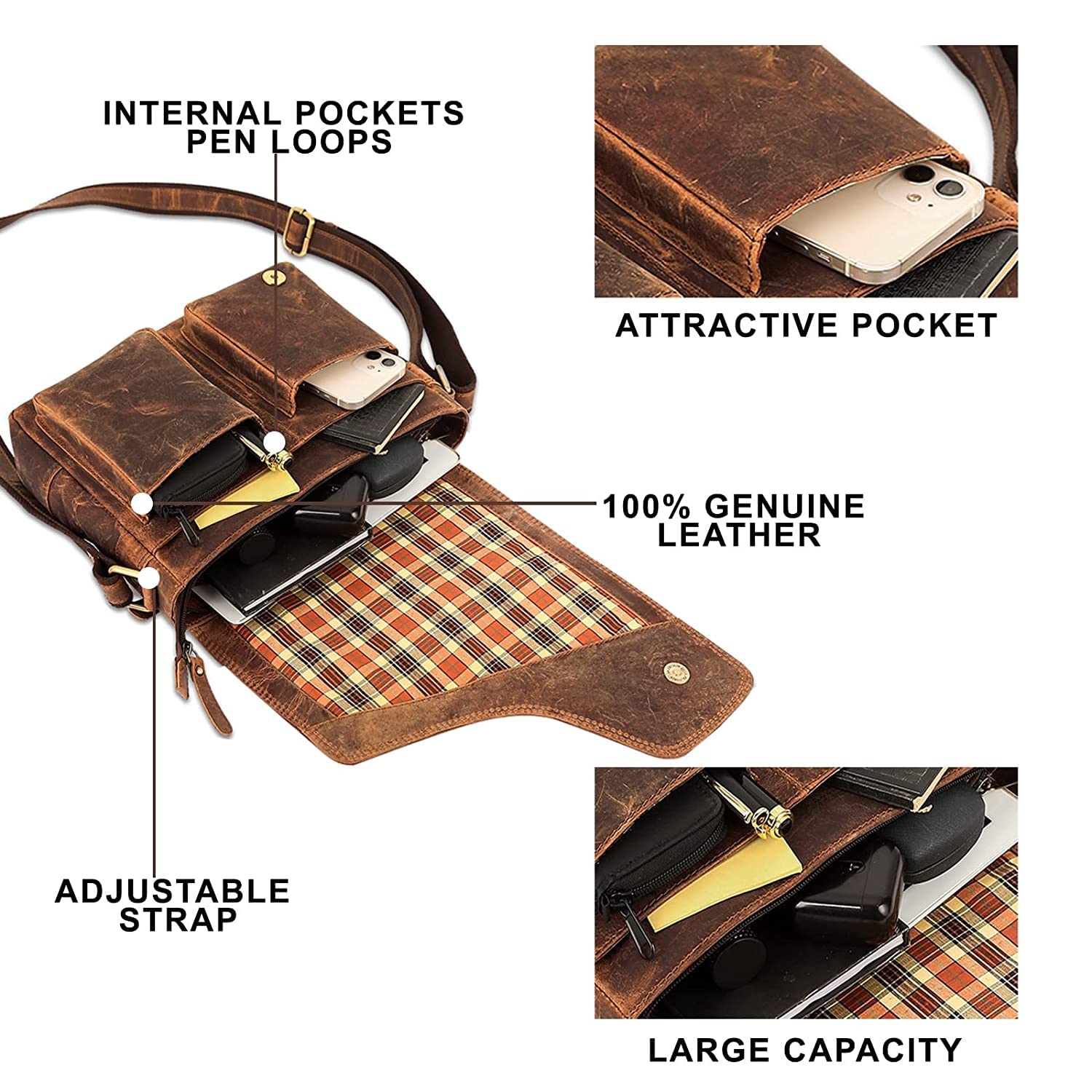Premium Genuine Leather Messenger Bag for Men & Women - Stylish Crossbody Sling Bag for Travel, Work & Business - Durable Shoulder Bag for Commuting, Office & Daily Use