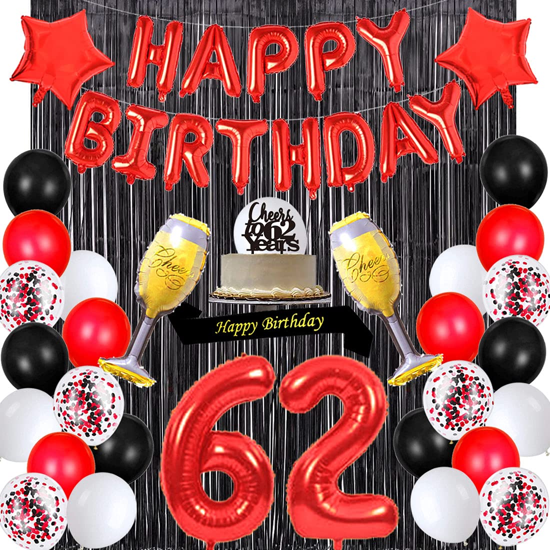 62nd Birthday Party Decorations Kit - Happy Birthday Banner, Sash, Cake Topper, Number 62, Confetti & Latex Balloons for Women | Red & Black Tinsel Foil Fringe Curtains | Perfect for 62 Year Old Birthday Celebrations, Milestone Parties & Retirement Events