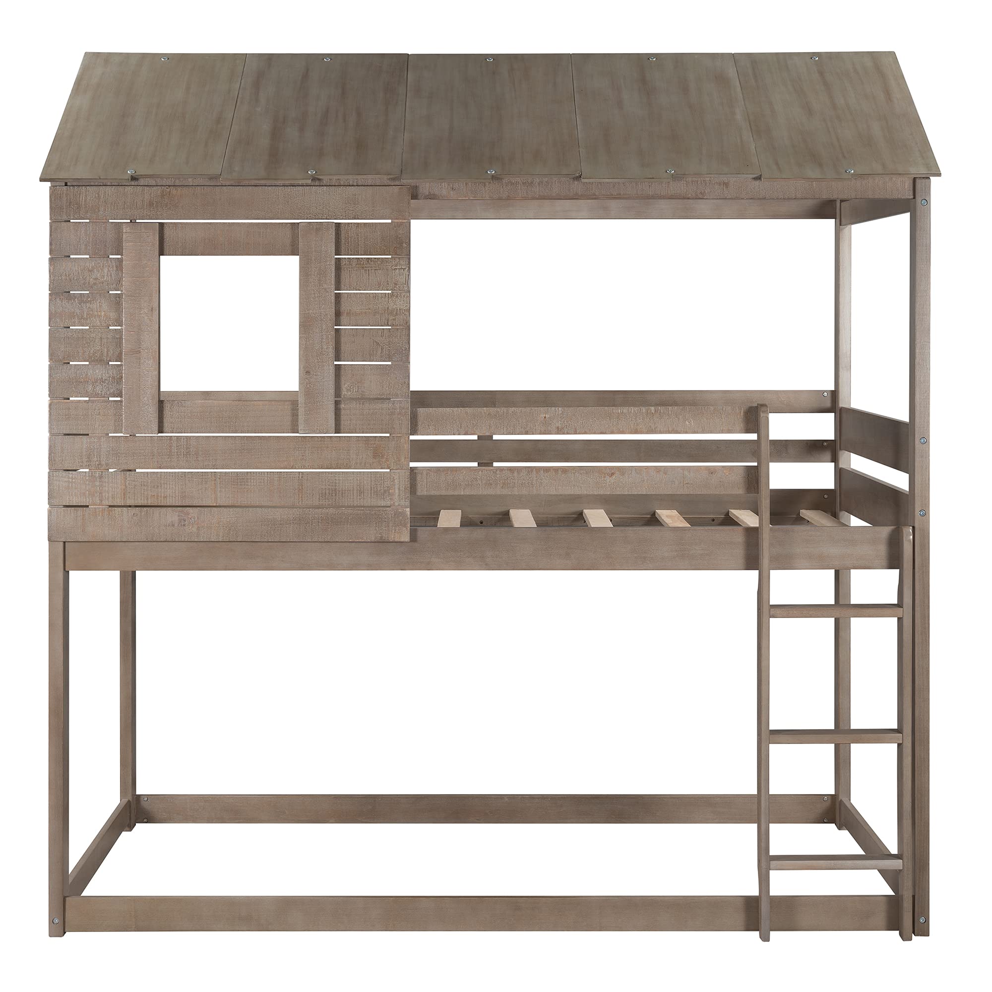 Kids Twin Over Twin Wooden Bunk Bed with Roof, Window, Guardrail & Ladder - Solid Wood Slat Support, No Box Spring Needed (Antique Gray) - Perfect for Shared Kids' Rooms, Sleepovers & Space-Saving Bedroom Solutions