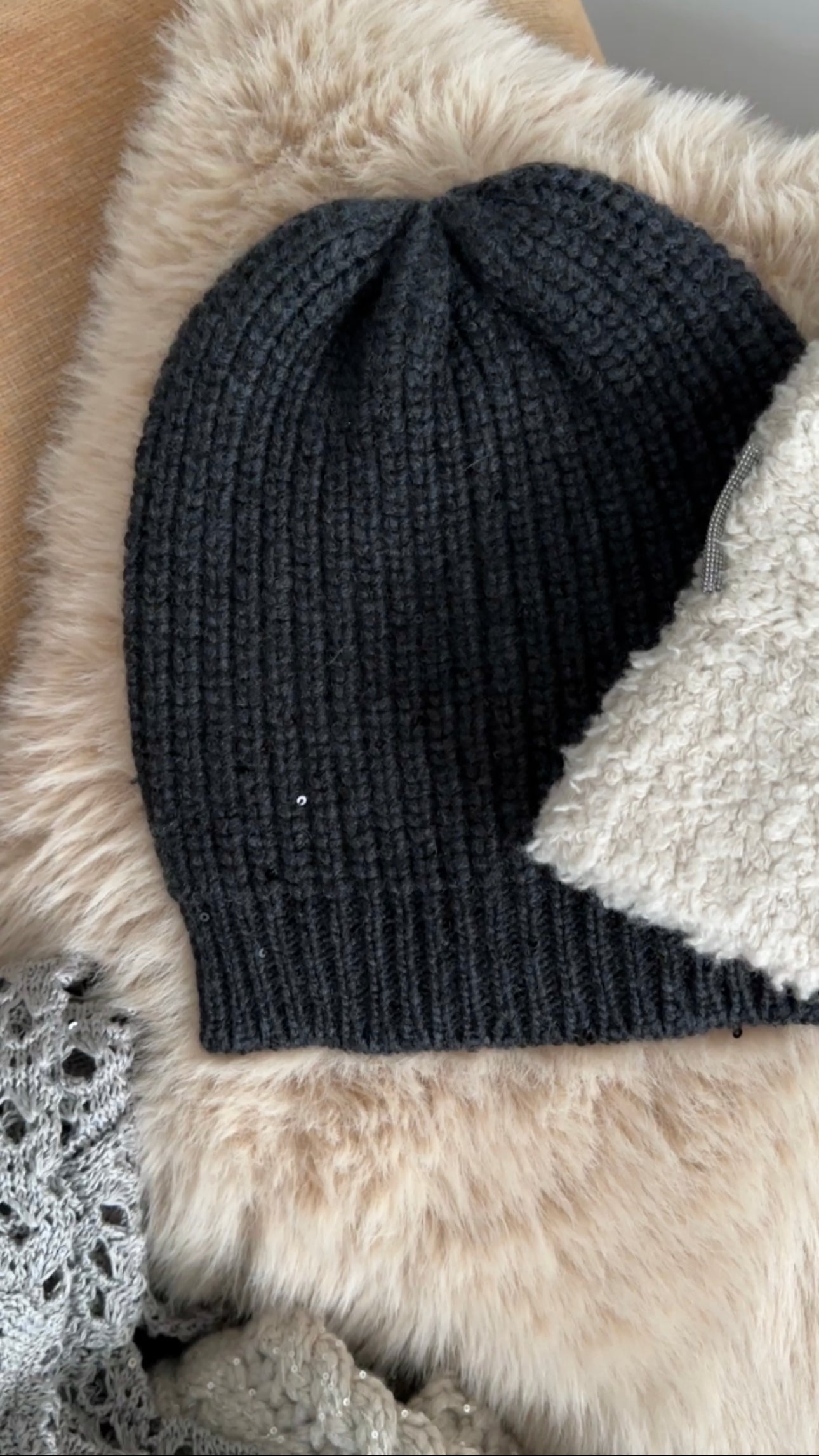 Brunello Cucinelli Charcoal Grey Sequin Cashmere Beanie Hat - Luxurious Winter Accessory for Women, Perfect for Cold Weather & Holiday Parties