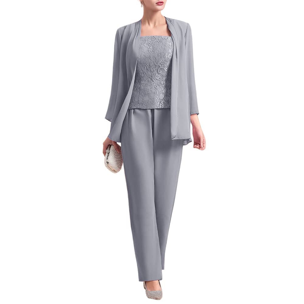 Zongqiven Women's 3-Piece Chiffon Pantsuit Set with Lace Detail - Elegant Mother of the Bride Dress for Weddings, Formal Events & Evening Occasions