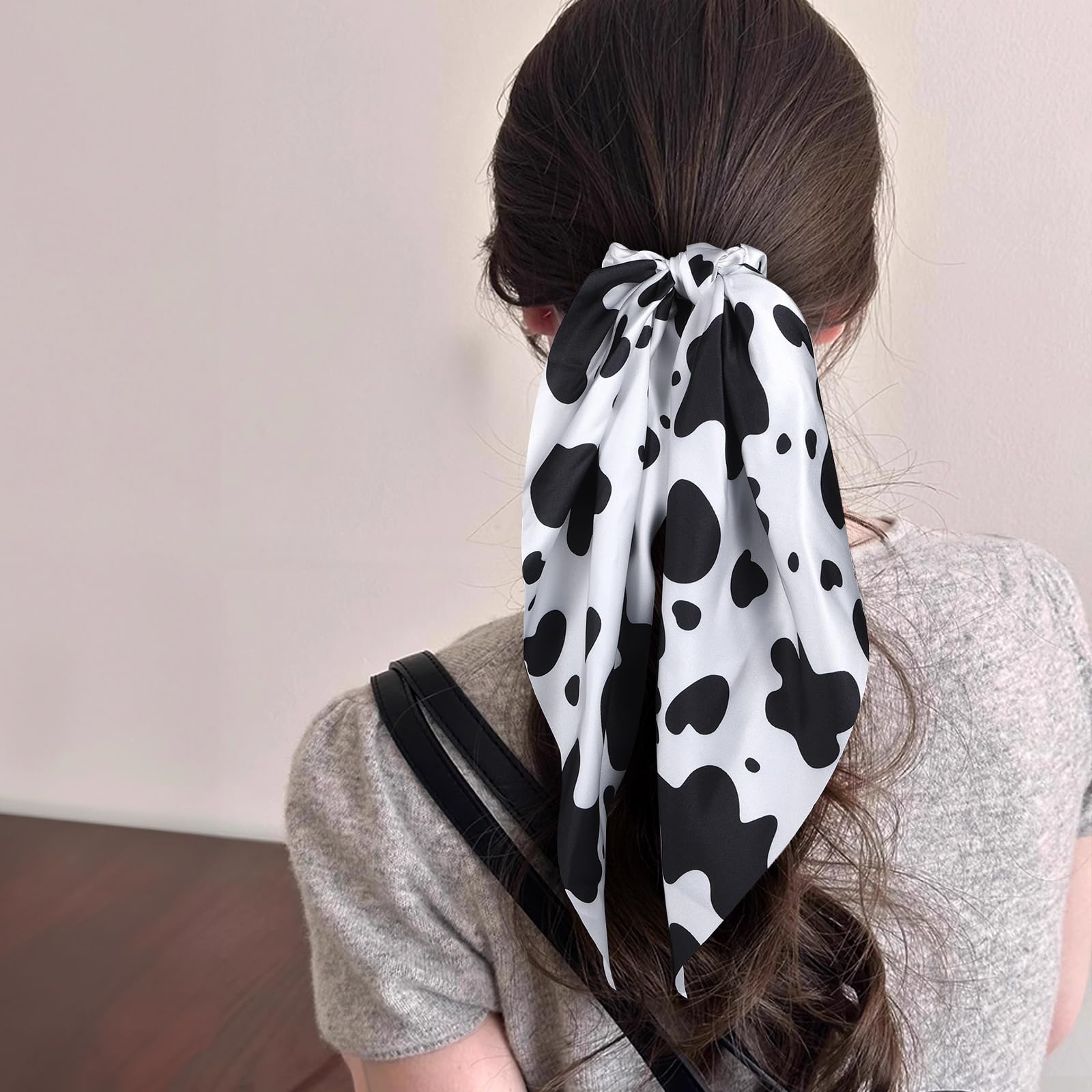 3Pcs Women's Hair Scarf Scrunchies - Knotted Bow Silky Hair Ties & Elastic Bands (Black/White Cow Print Satin Ribbon) - Ponytail Holder Accessories for Western Cowgirl Style - Perfect for Holidays, Parties, and Everyday Fashion