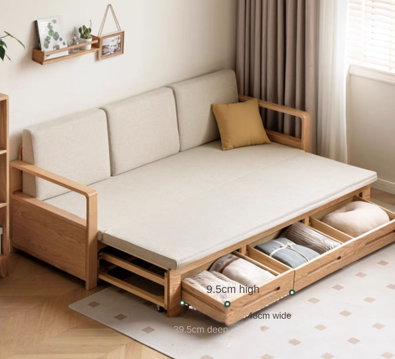 Oak Solid Wood Folding Storage Sofa Bed - Convertible Guest Bed & Space-Saving Furniture for Small Apartments, Living Rooms & Dorm Rooms