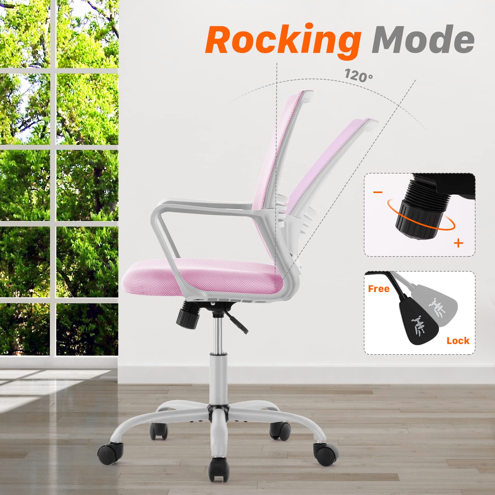 Ergonomic Executive Mid Back Office Chair - Adjustable Height, Lumbar Support, Swivel & Rolling for Home & Business Use - Pink (Perfect for Long Hours of Work & Study)