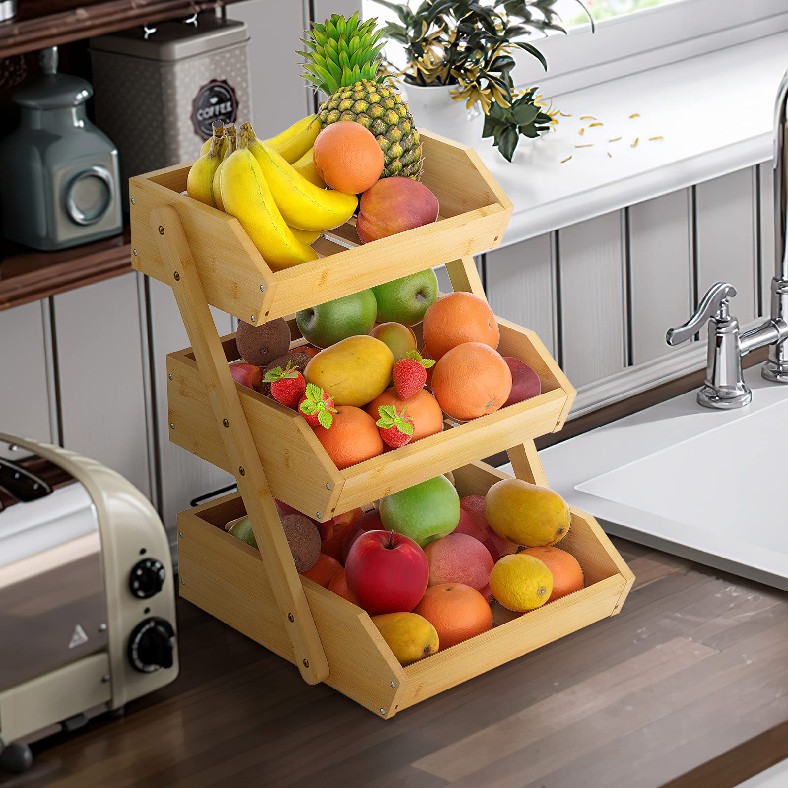 3-Tier Bamboo Fruit Basket Stand for Kitchen Countertop – Sturdy Fruit & Vegetable Holder – Perfect for Bread, Produce Storage & Display – Ideal for Home, Office, or Restaurant Use