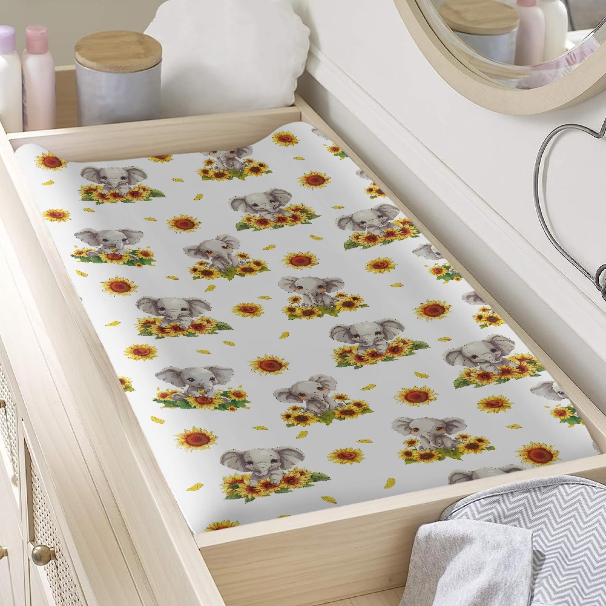 Boatee Sunflower Elephant Baby Changing Pad Cover - Soft & Comfortable Diaper Changing Table Pad Sheets for Girls | Perfect for Nursery, Daycare & Travel