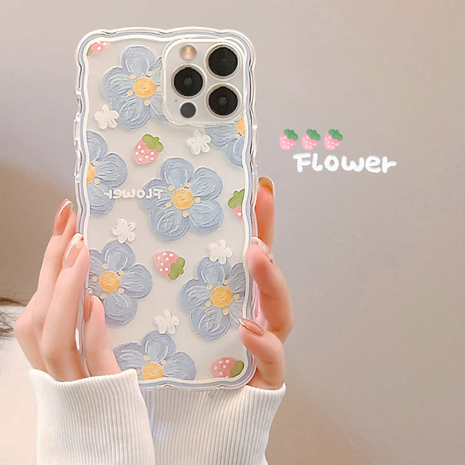Ownest Clear Floral TPU Case for iPhone 12 Pro Max - Cute Strawberry Lace Design, Slim Shockproof Protective Cover for Women & Girls (Blue) | Perfect for Everyday Use, Work, School & Travel