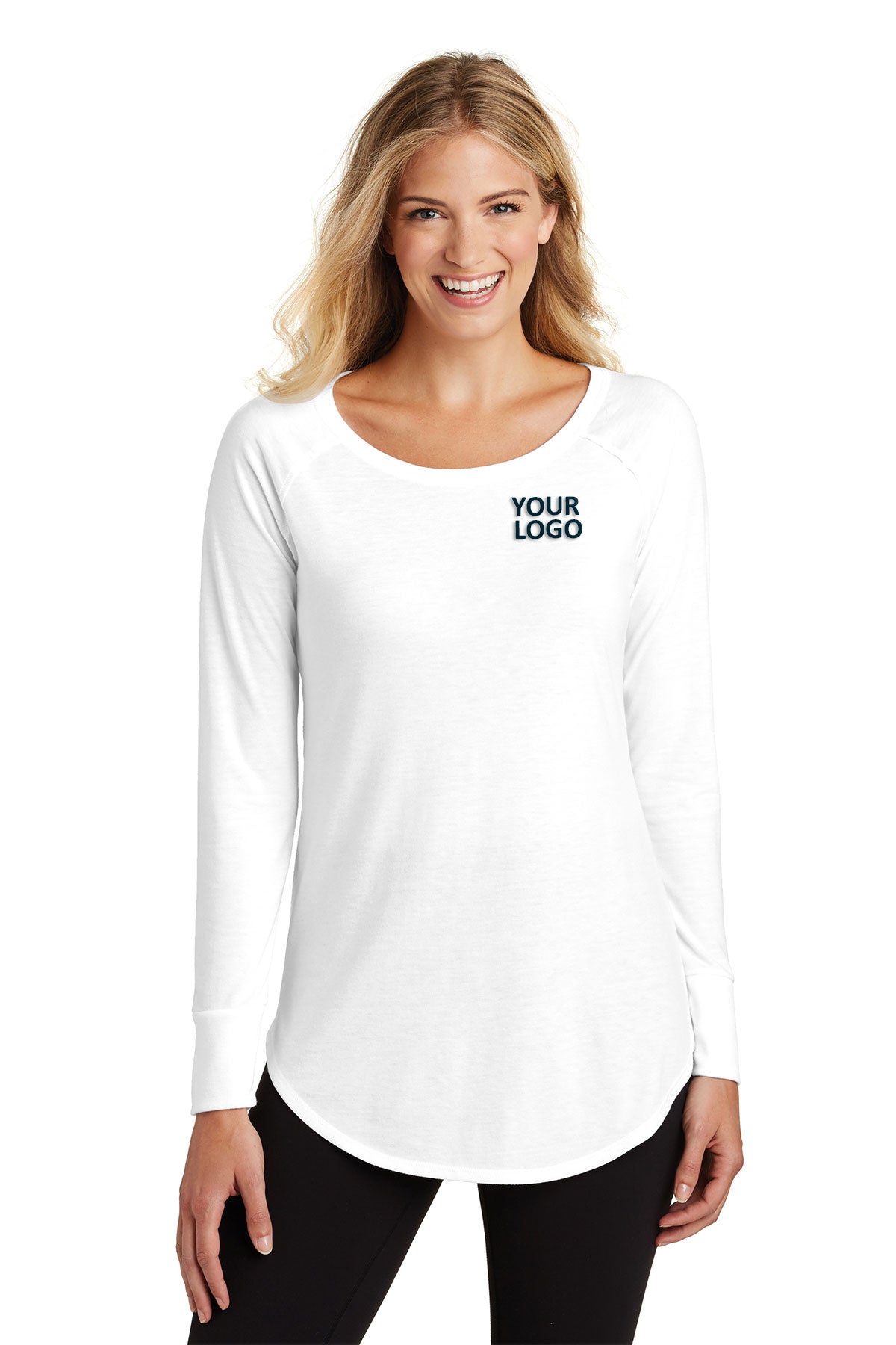 District Made Women's Perfect Tri Long Sleeve T-Shirt - Soft White Cotton Top for Casual Wear, Work & Layering