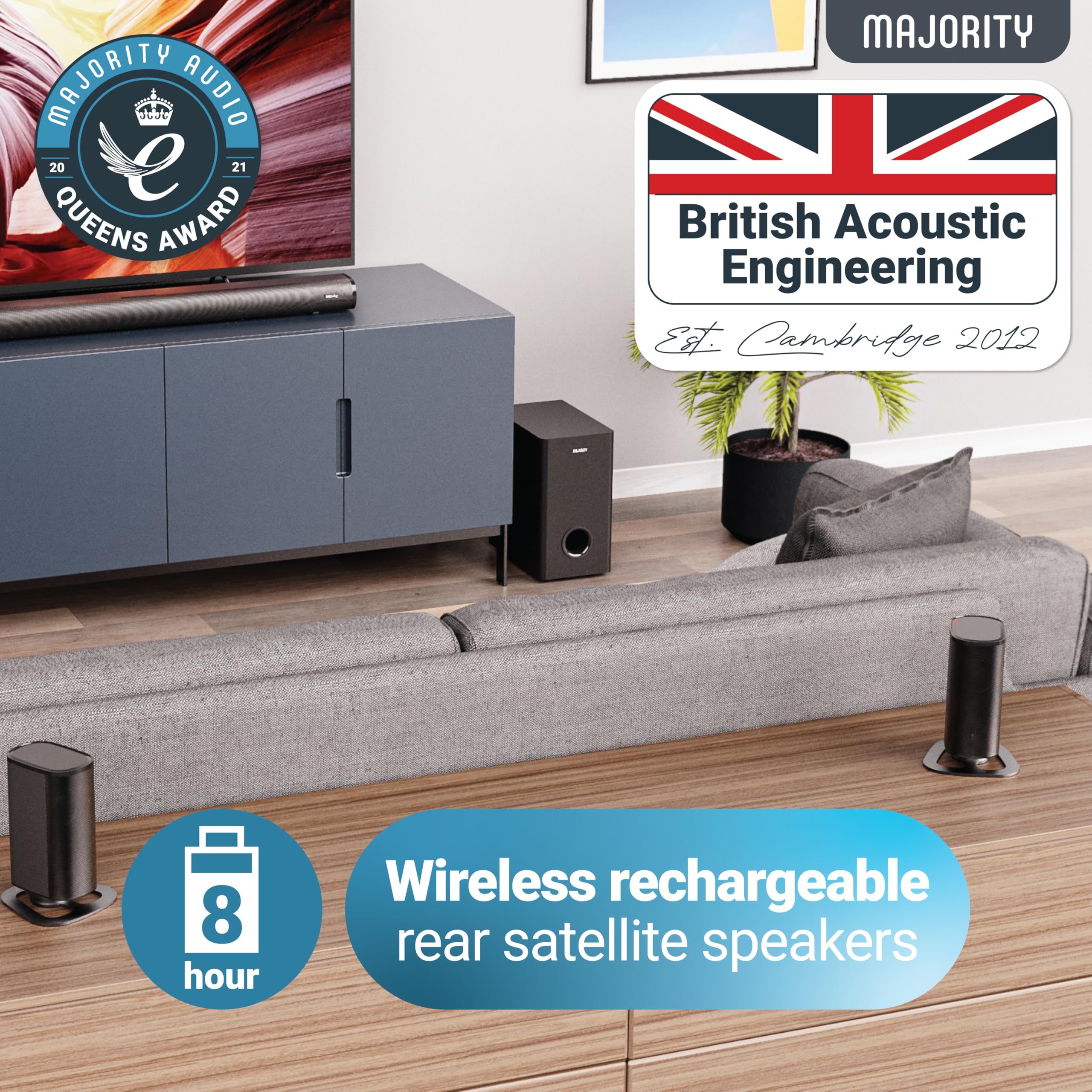 Majority Everest Arc 5.1 Wireless Home Theater System - Dolby Audio Soundbar with 300W Subwoofer & Detachable Satellite Speakers | Optical/AUX/HDMI Connectivity for Smart TVs - Perfect for Movie Nights & Gaming Setup
